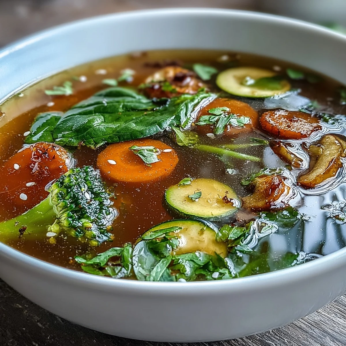 Hearty Collagen-Boosting Broth Bowl, brimming with fresh vegetables and herbs.