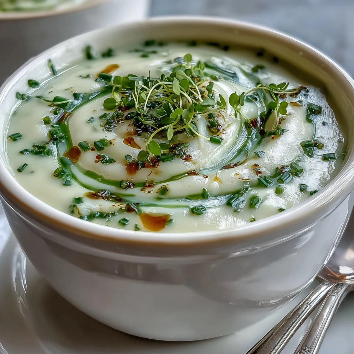 Velvety Celery Root Bisque, rich and creamy, garnished with fresh chives.