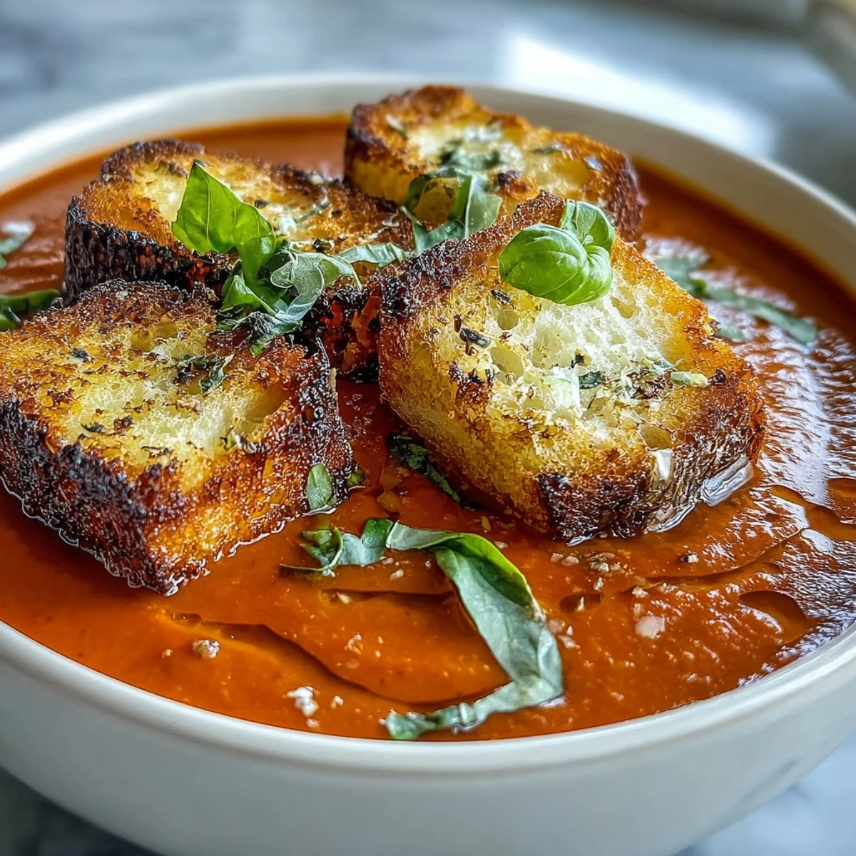 A close-up of roasted tomato soup in a rustic bowl, topped with golden, crispy croutons and fresh thyme.