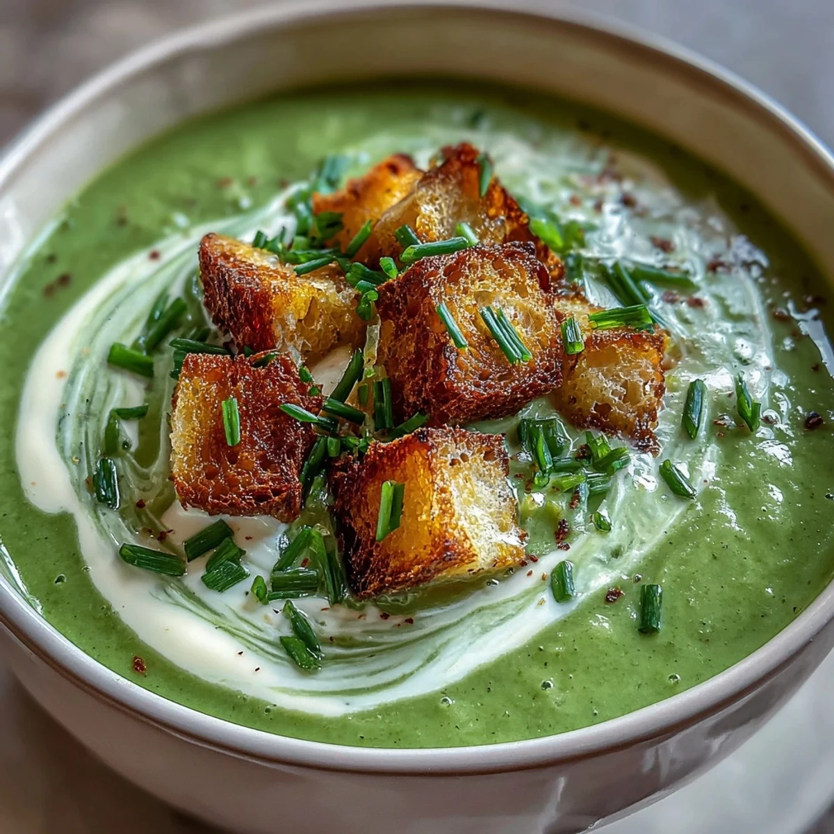 Velvety creamy broccoli soup, blended smooth with a dollop of cream.