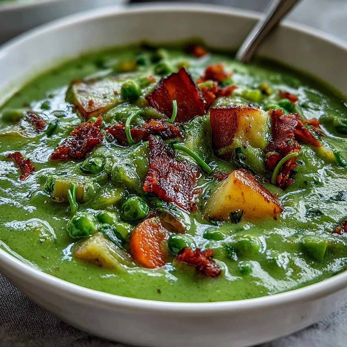 Golden split pea soup, a comforting winter meal with tender veggies and ham.