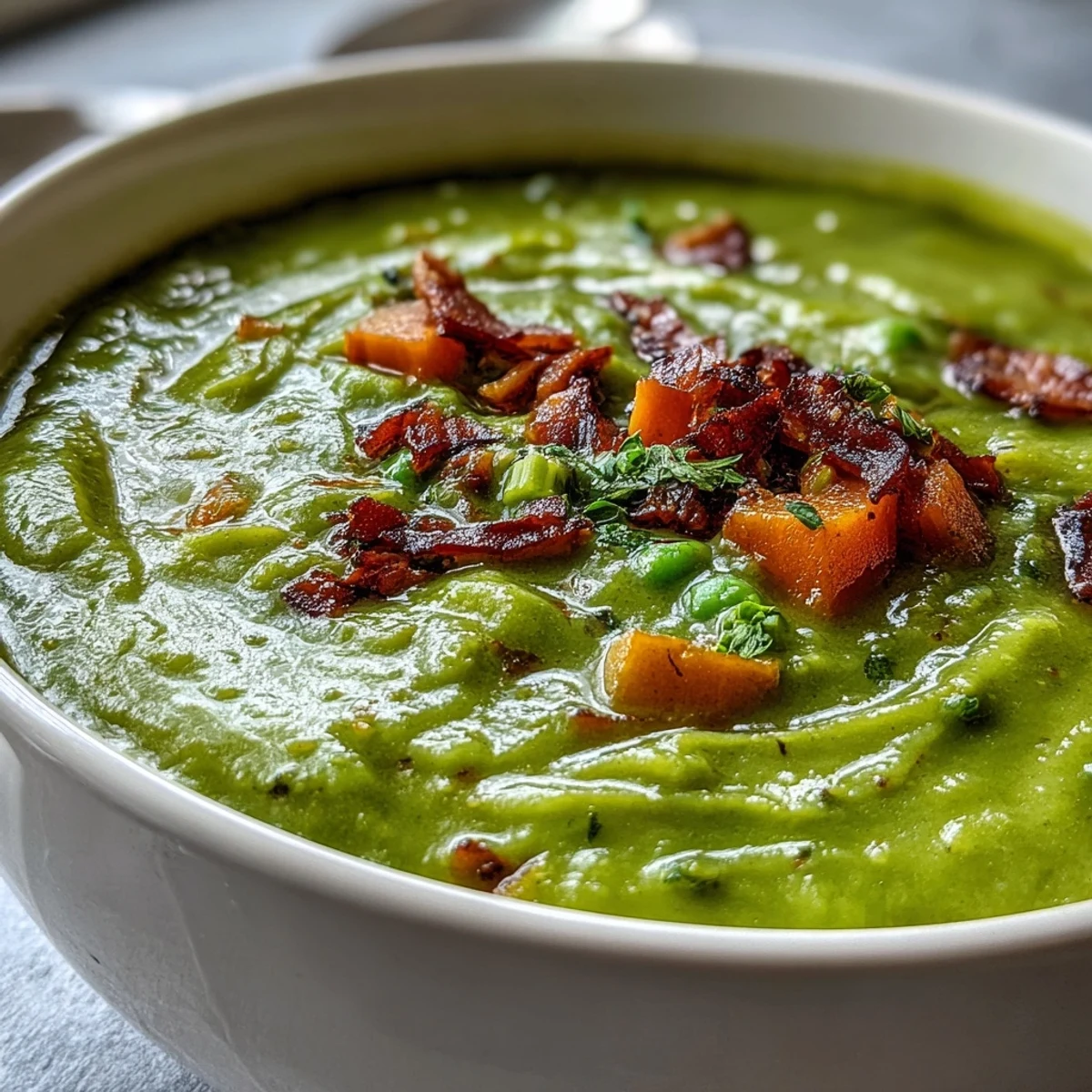 Traditional split pea soup, rich and flavorful, perfect with warm crusty bread.