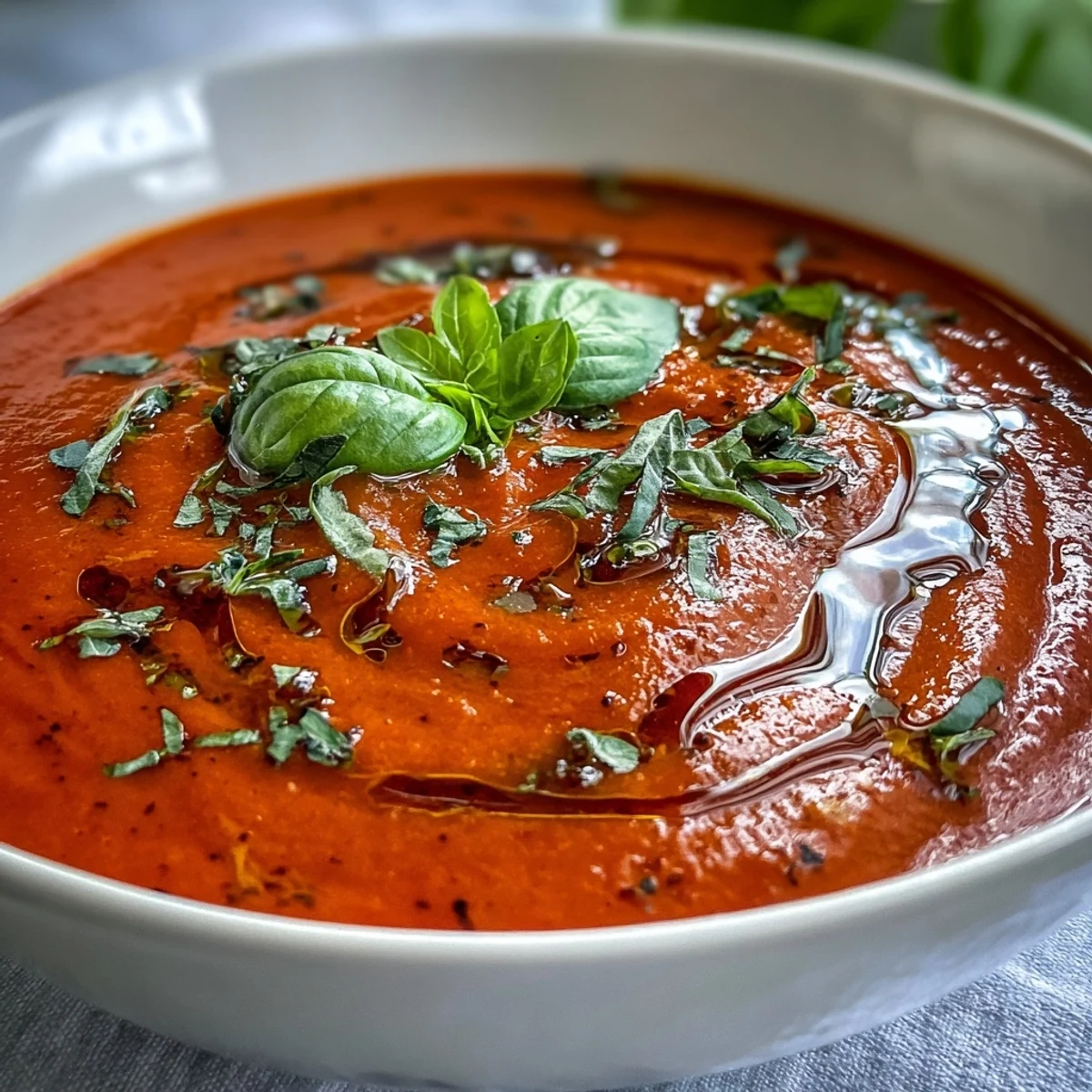 Velvety {{Tomato and Basil Soup}} with fresh basil garnish, ready to be savored.