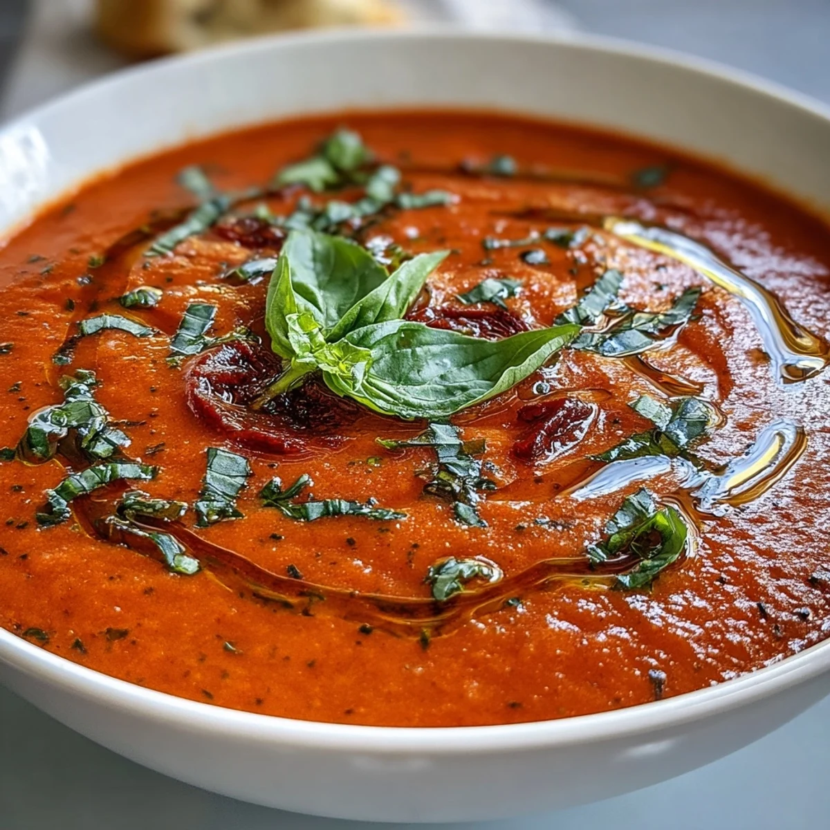 Comforting {{Tomato and Basil Soup}} drizzled with olive oil, perfect for a cozy meal.