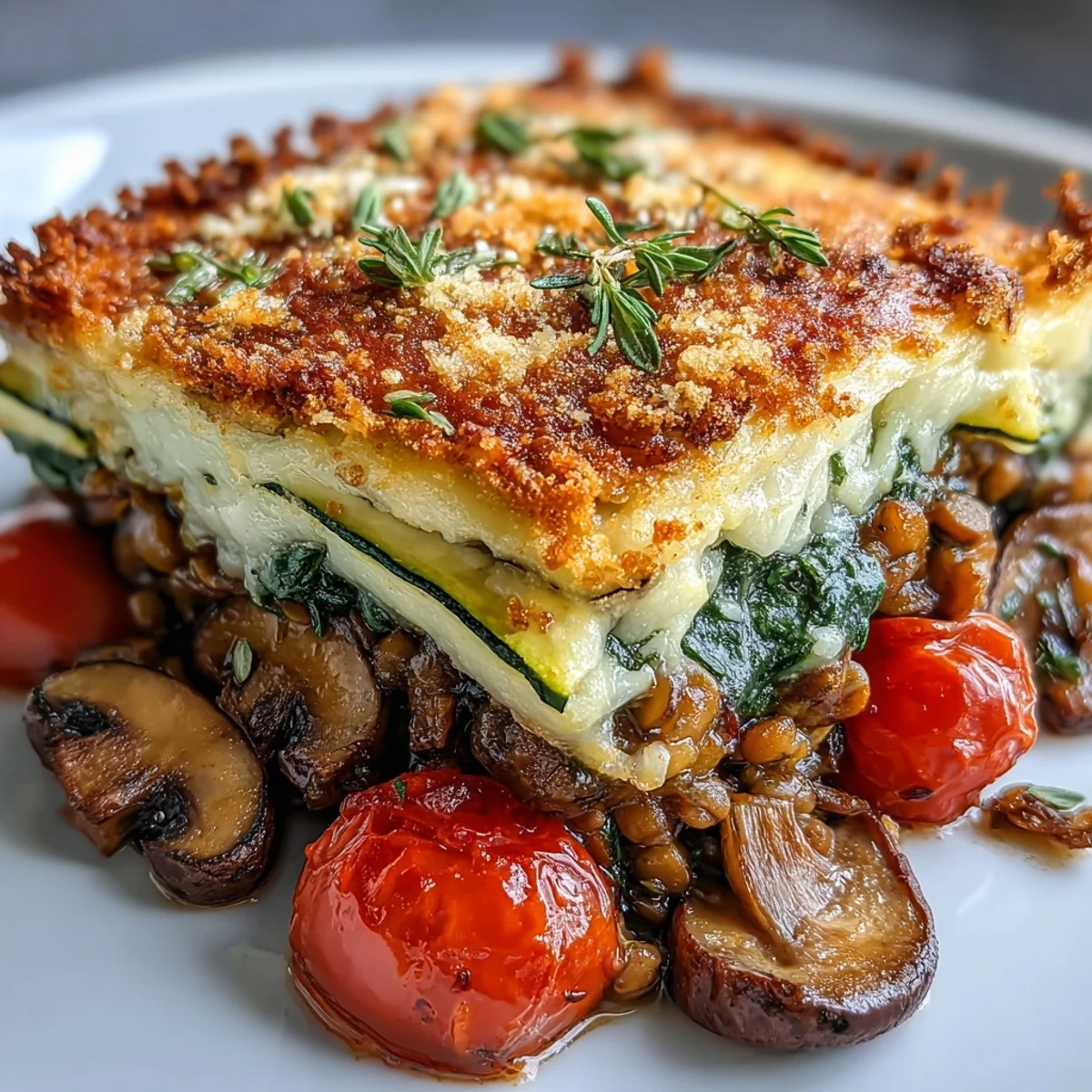 Golden-brown Green Lentil and Vegetable Casserole fresh from the oven, served with a fresh green salad.
