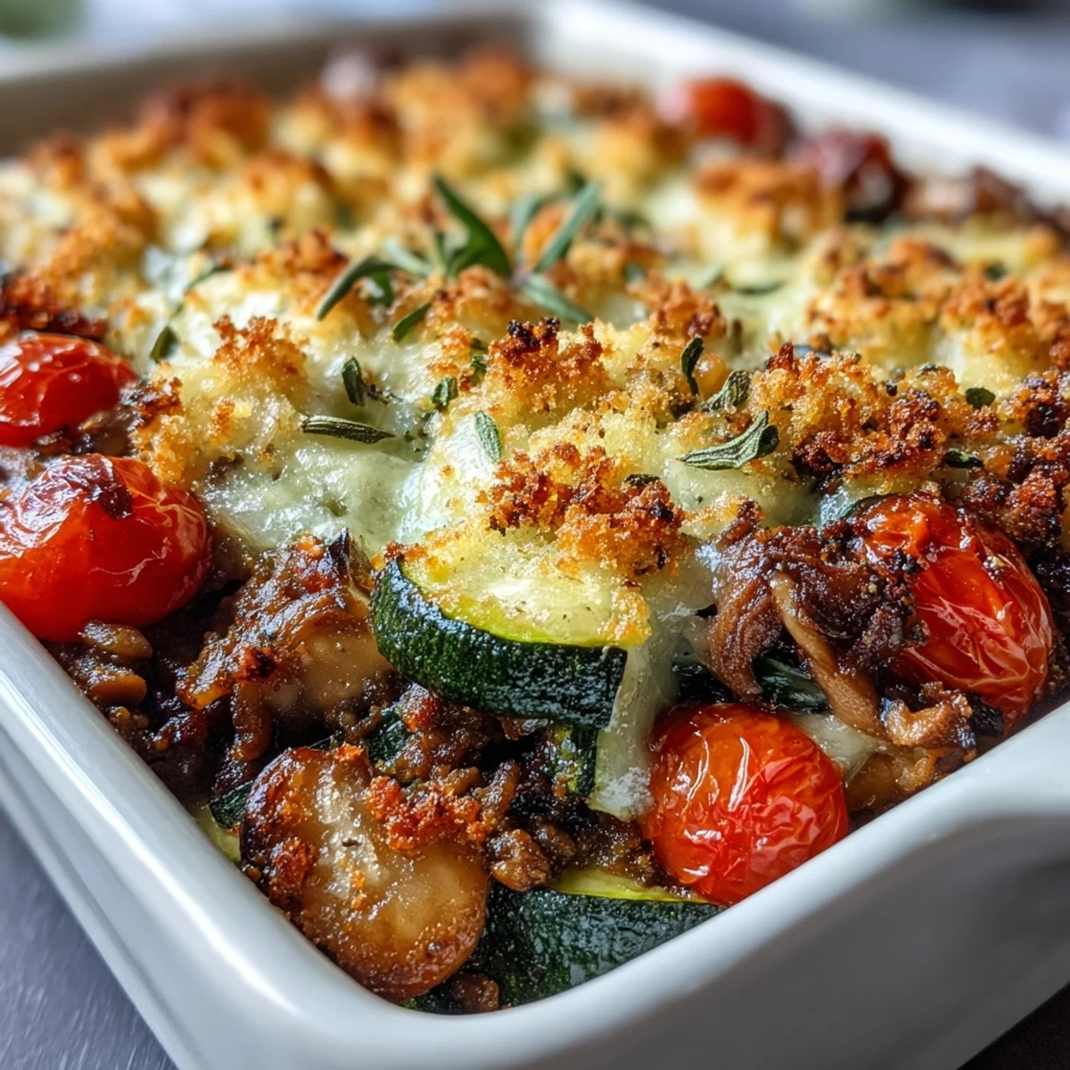 Steaming bowl of Green Lentil and Vegetable Casserole featuring colorful carrots, zucchini, and red peppers.
