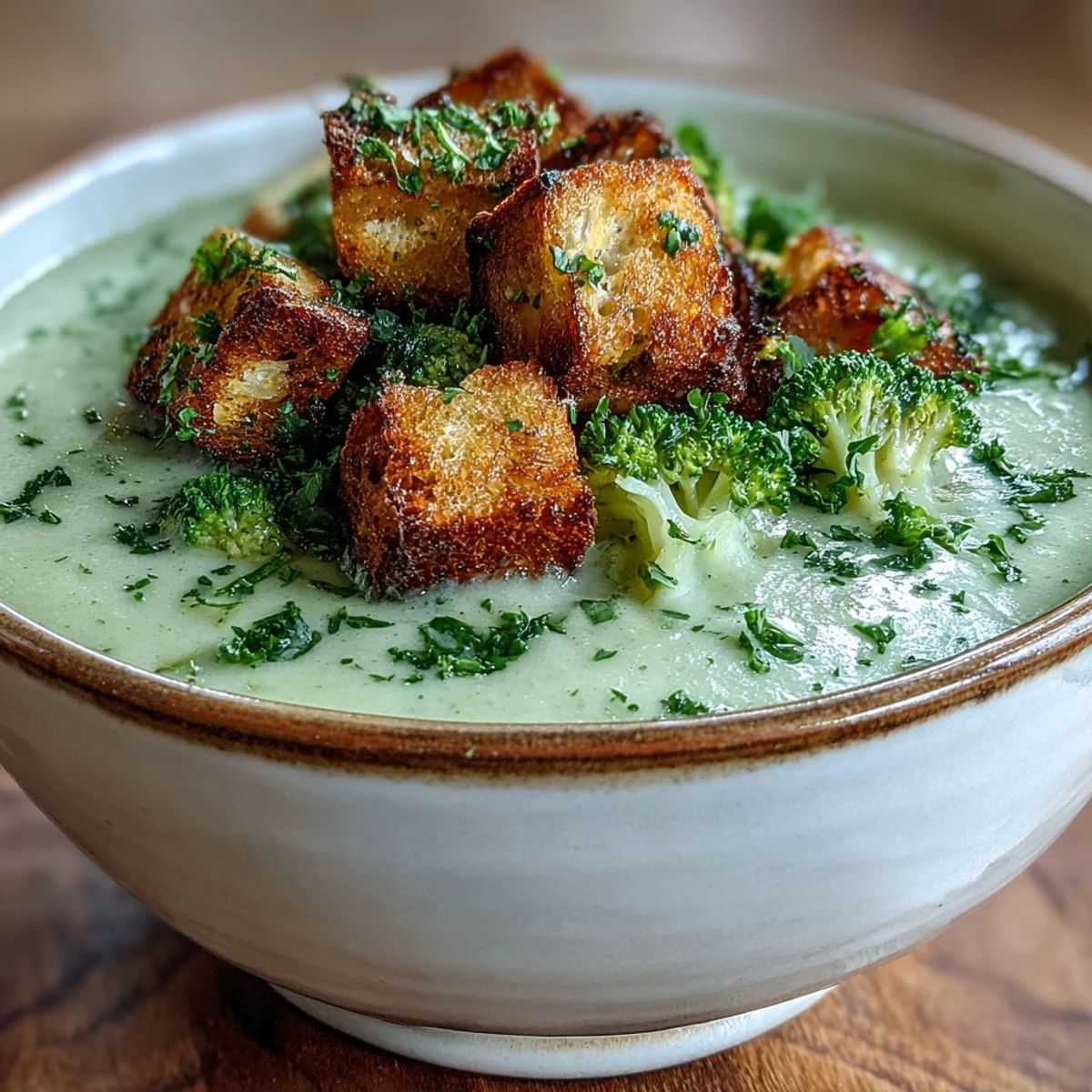 Creamy cauliflower and broccoli soup topped with golden croutons and fresh parsley in a rustic bowl.