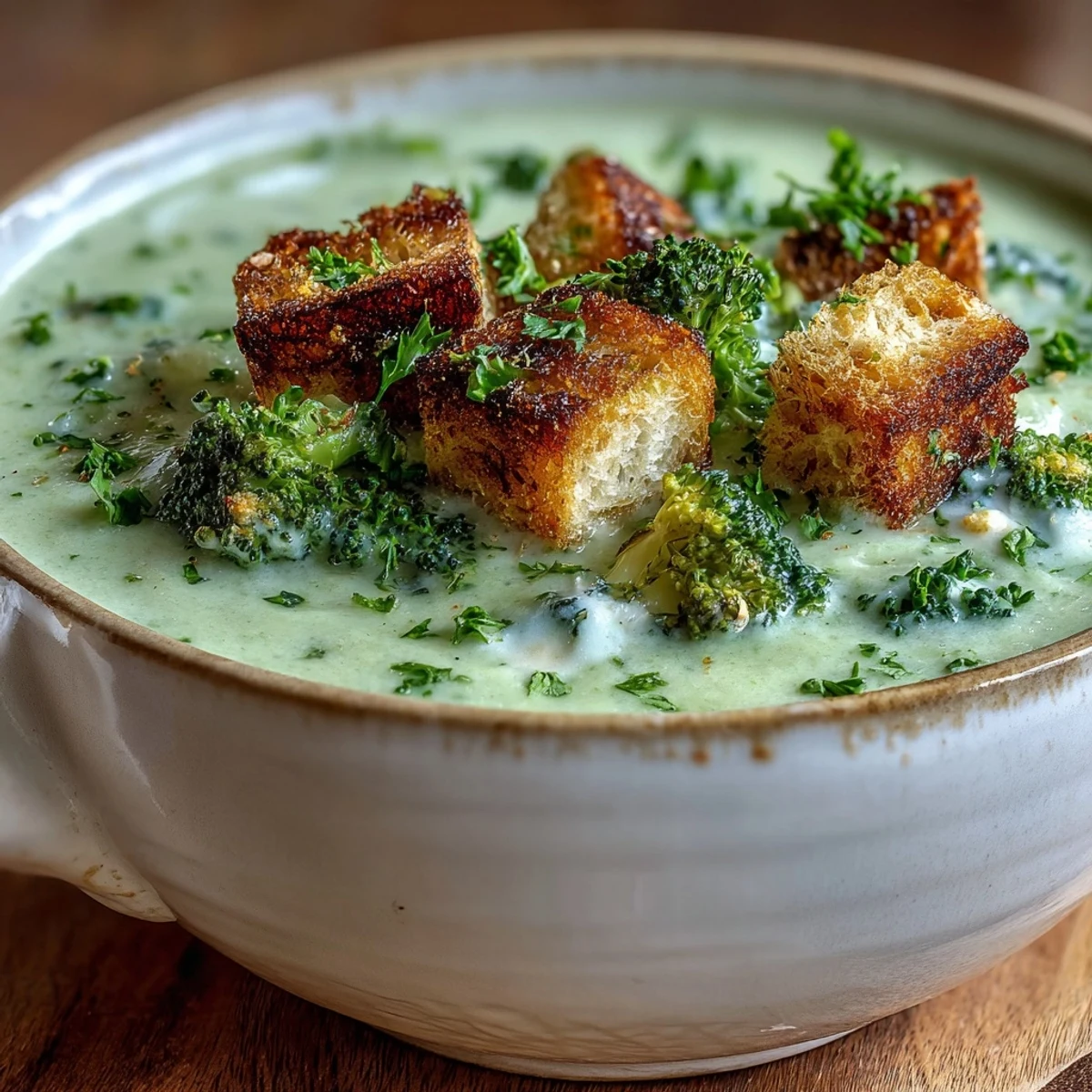 Silky smooth cauliflower and broccoli soup garnished with herbs and Parmesan, steaming in a white ceramic bowl.
