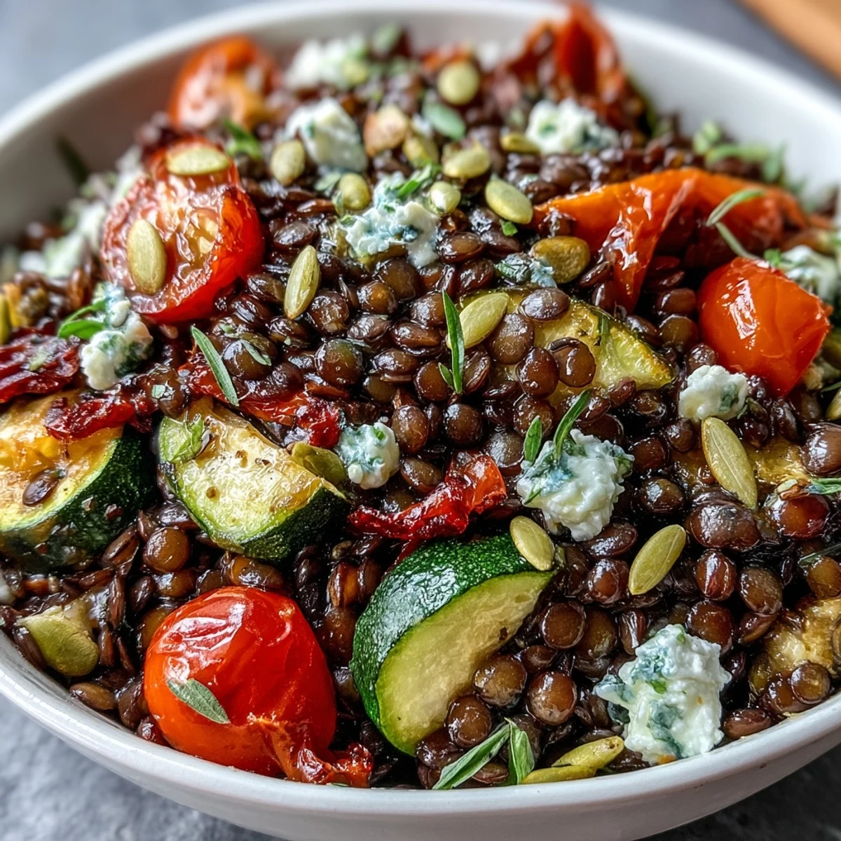 Close-up of the finished Black Lentil Salad topped with feta, showcasing the glistening lemon dressing on tender Beluga lentils.