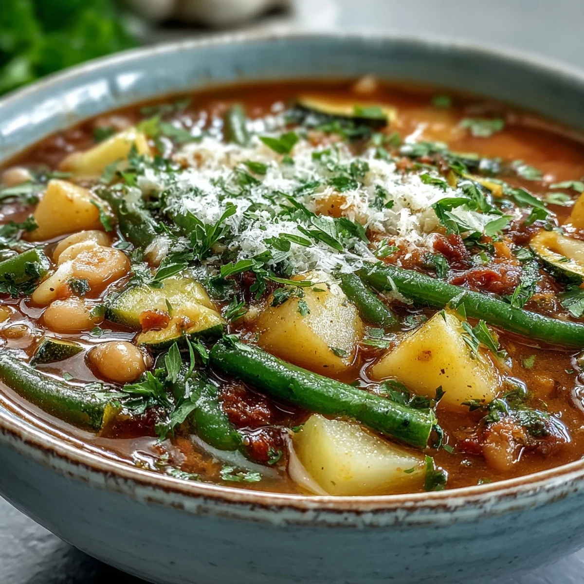 Steaming bowls of homemade Minestrone Vegetable Soup with ditalini pasta, topped with fresh parsley and grated Parmesan.