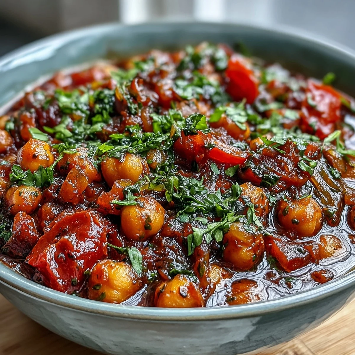 Steaming bowl of Spicy Chickpea Stew with vibrant vegetables, served with crusty bread for dipping.