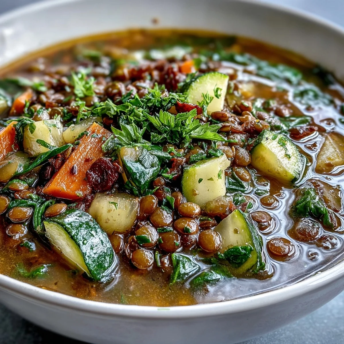 A steaming bowl of hearty lentil soup topped with fresh parsley and a lemon wedge.