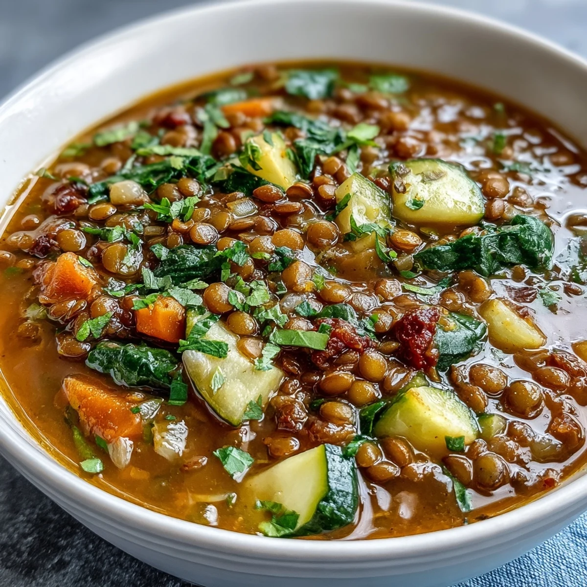 Hearty lentil soup simmering in a pot with carrots, celery, and fresh spinach.