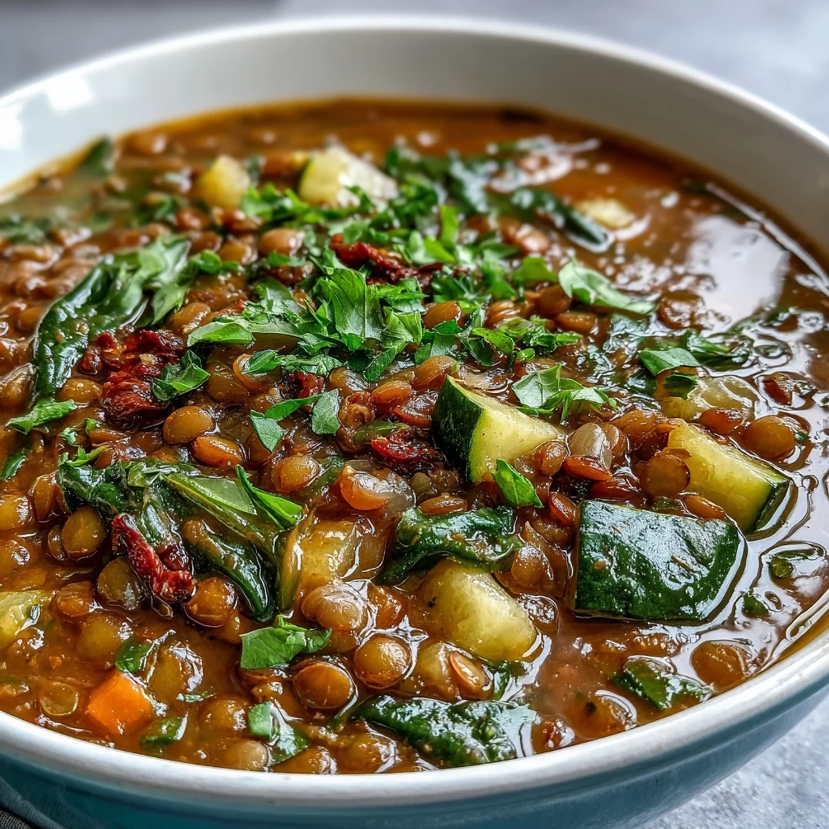 A rustic, protein-packed lentil soup served in a ceramic bowl, ready to enjoy.
