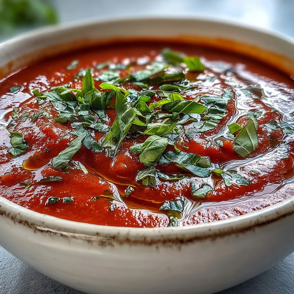 Creamy Tomato and Basil Soup garnished with fresh basil and olive oil, steaming in a rustic bowl beside crusty bread for dipping.
