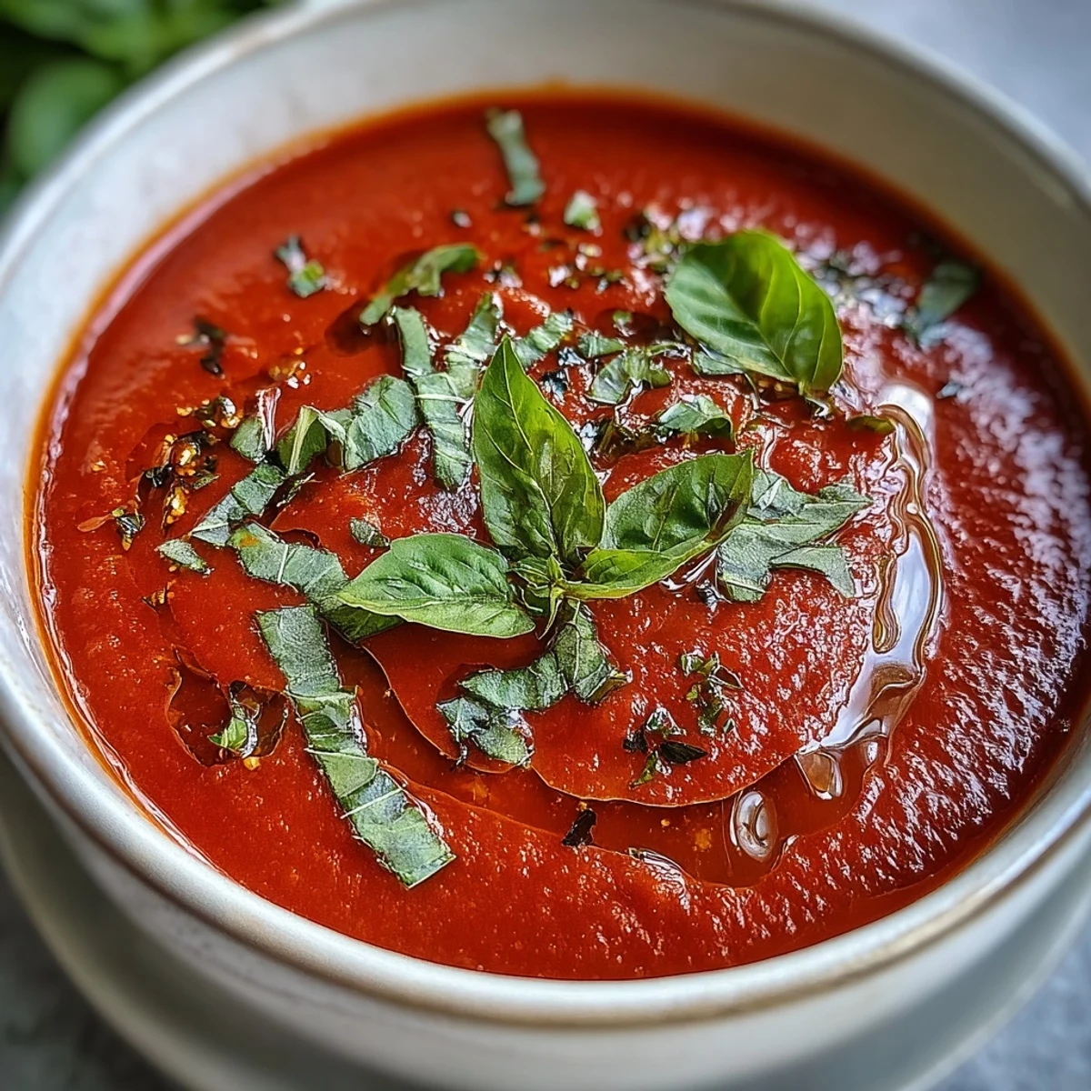 A ladle of velvety Tomato and Basil Soup pours from a pot, showing its rich red color and fresh basil garnish.