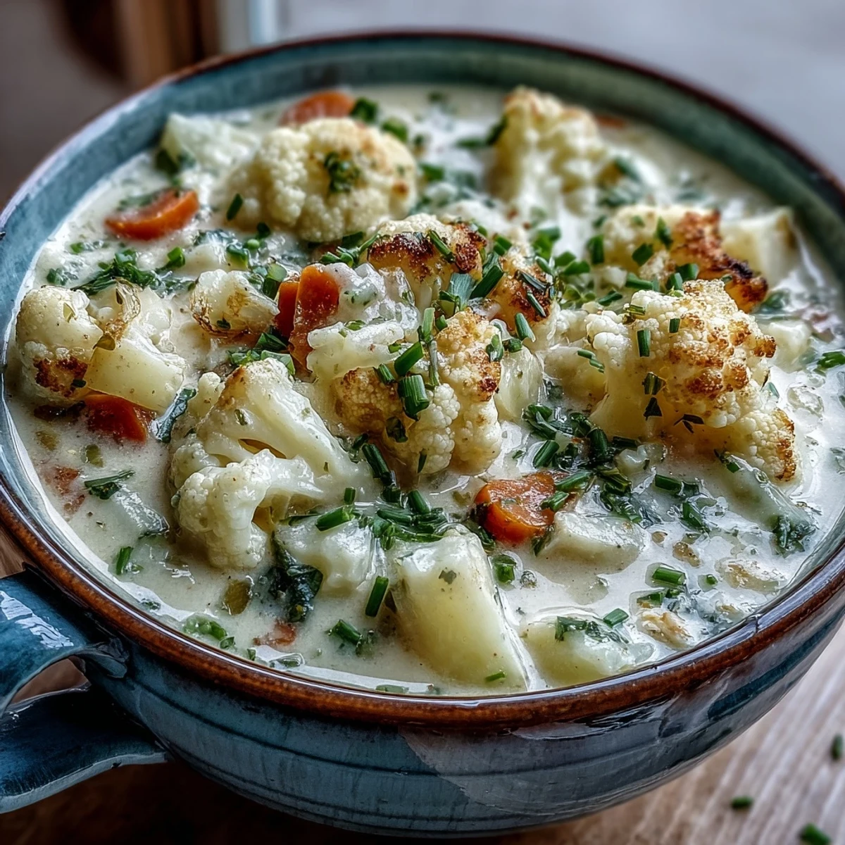 Steaming Vegetarian Cauliflower Chowder in a rustic bowl with fresh chives and melted cheese.