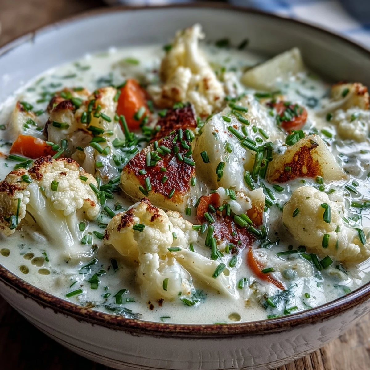 Creamy Vegetarian Cauliflower Chowder topped with cheddar and parsley served alongside crusty artisan bread.
