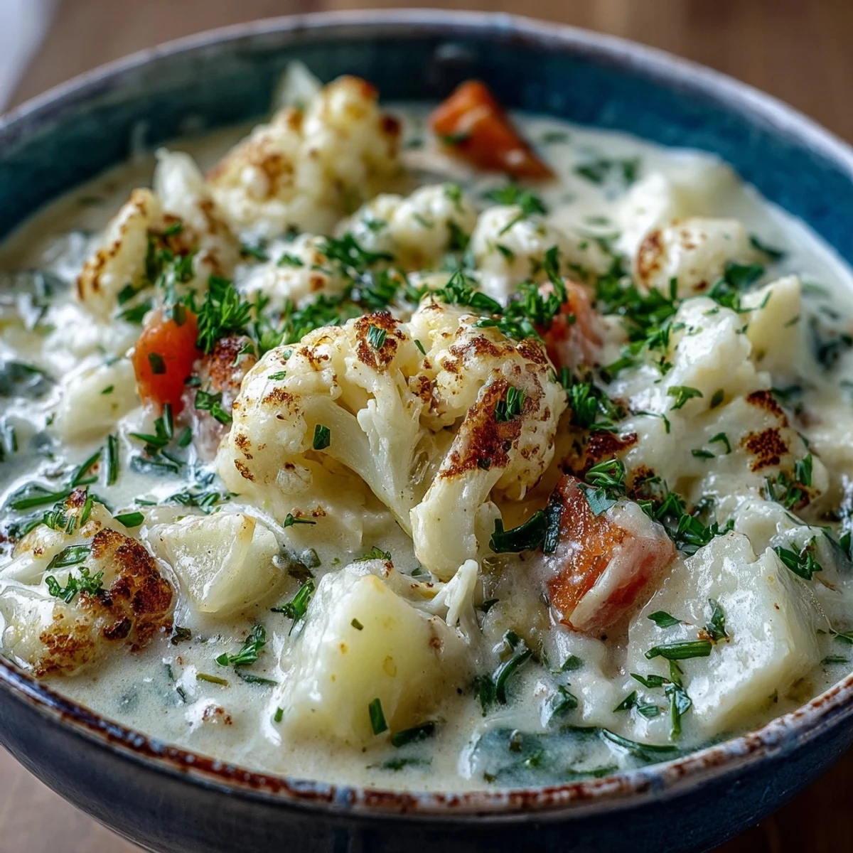 A spoon scoops into rich Vegetarian Cauliflower Chowder revealing tender carrots and potatoes in the broth.