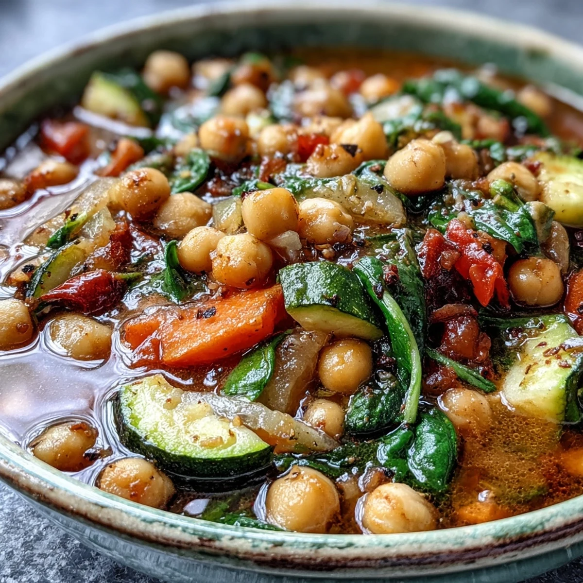 Vibrant vegan Chickpea Stew featuring tender chickpeas and fresh vegetables, garnished with parsley and a side of crusty bread for dipping.
