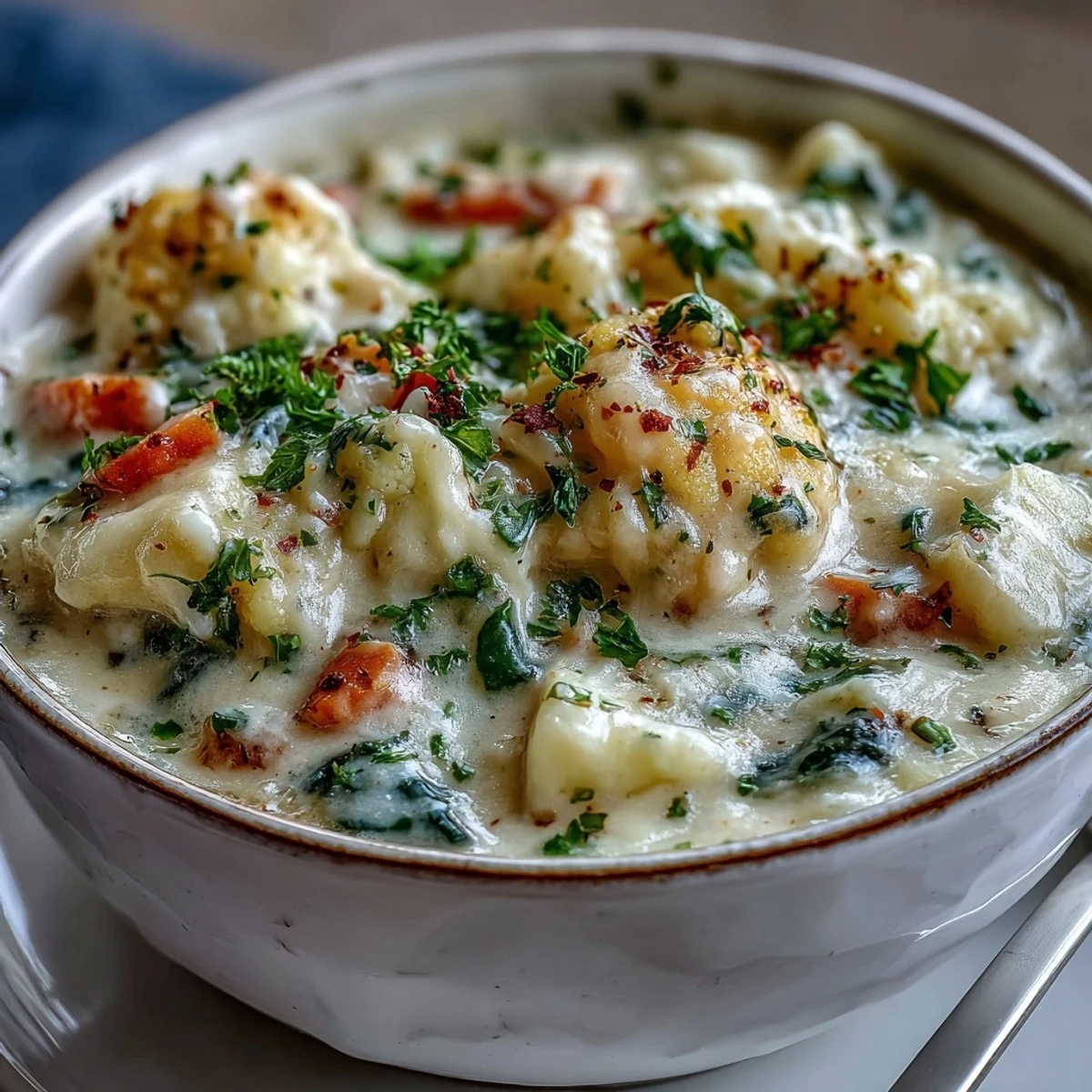 Creamy Vegetarian Cauliflower Chowder with tender vegetables, simmering in a pot, ready to be served hot in rustic bowls.  