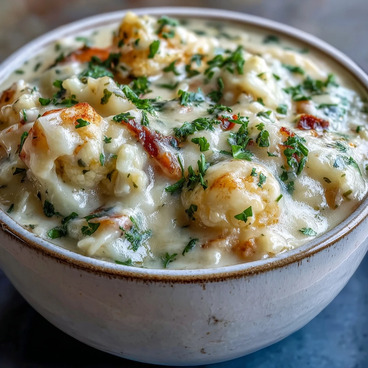 A comforting bowl of Vegetarian Cauliflower Chowder, paired with crusty bread for dipping, on a wooden table.