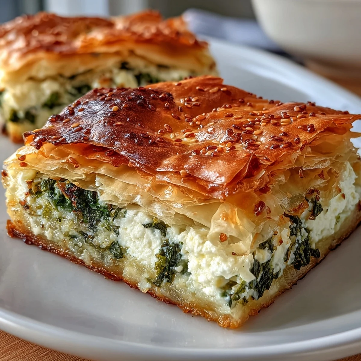 Golden, crisp filo pastry of the Feta and Kale Börek revealing a savory, cheesy filling.