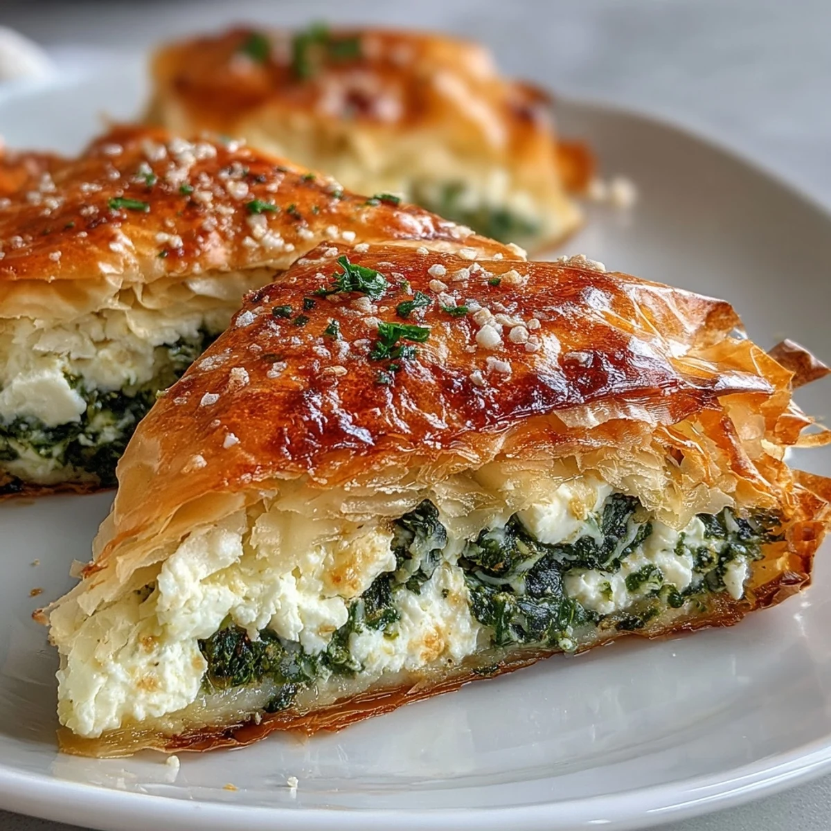 A warm, vegetarian Feta and Kale Börek with flaky layers and fresh dill garnish.