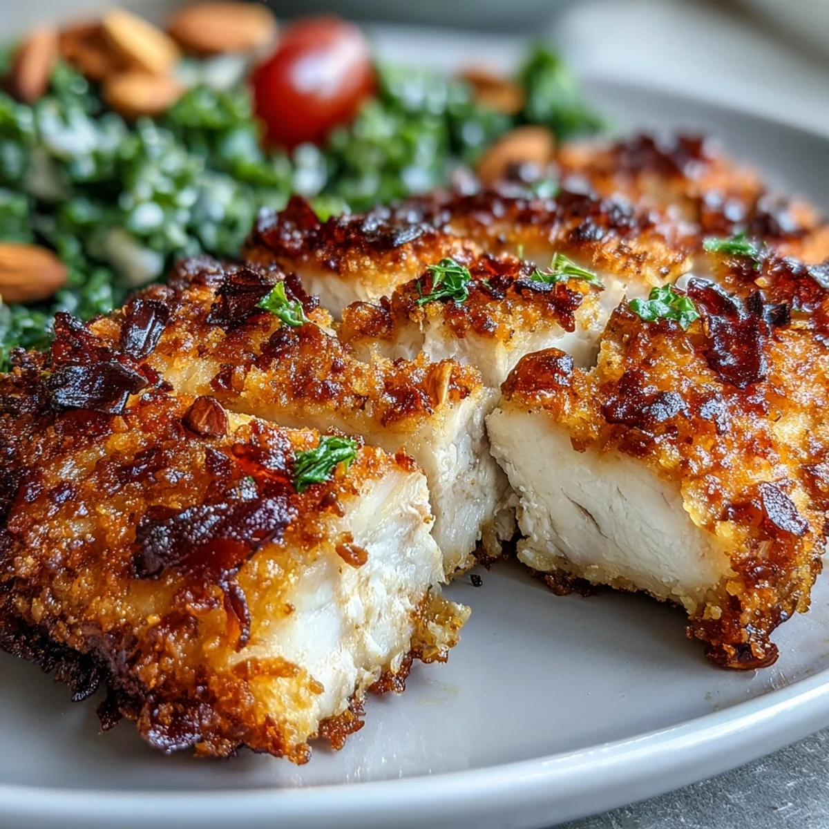 Golden Almond-Crusted Chicken breasts are served beside a vibrant, marinated kale salad topped with toasted slivered almonds and sumac.