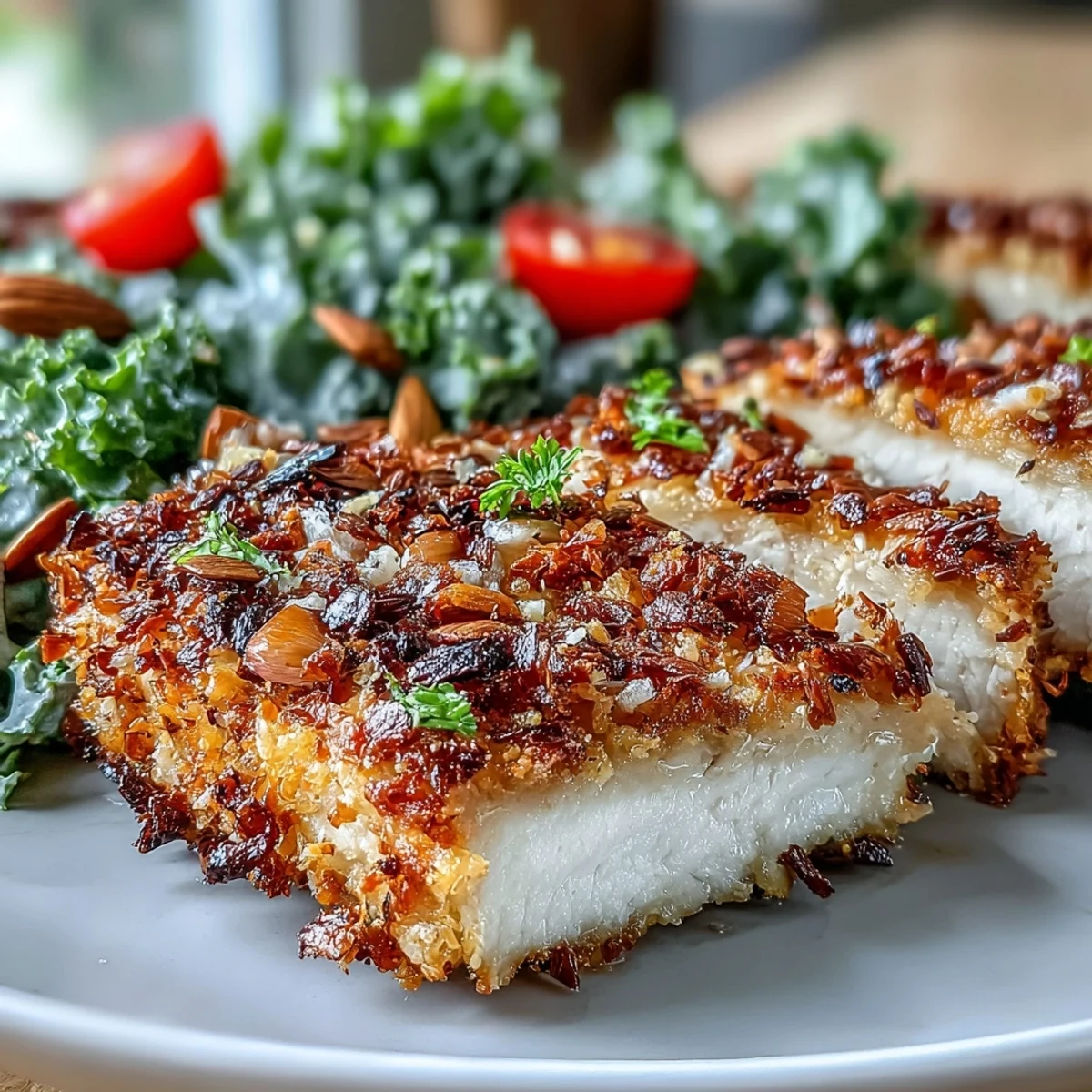 A rustic plate of Almond-Crusted Chicken rests next to a bowl of marinated kale, cherry tomatoes, and red onions.