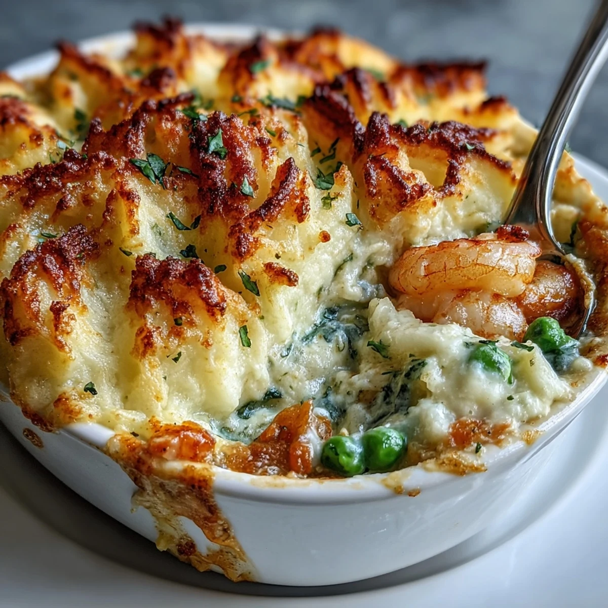 Golden, crispy mashed potato topping on a creamy curried fish pie baked in a rustic dish, served with fresh parsley.