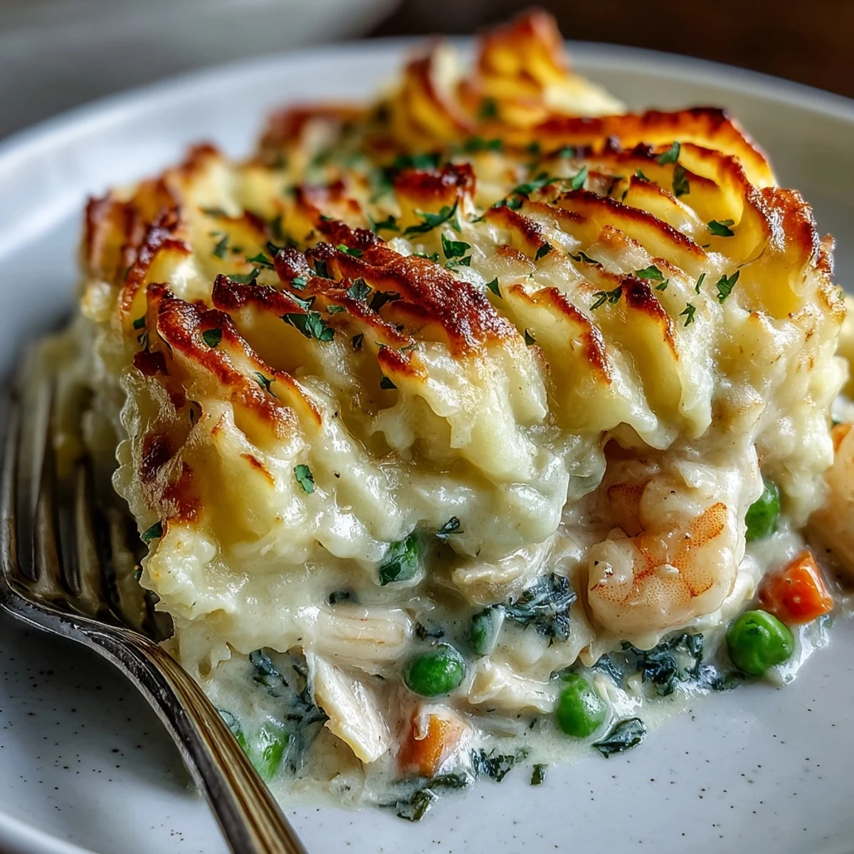 A close-up of curried fish pie with tender fish chunks and shrimp peeking through buttery, fork-marked mashed potatoes.