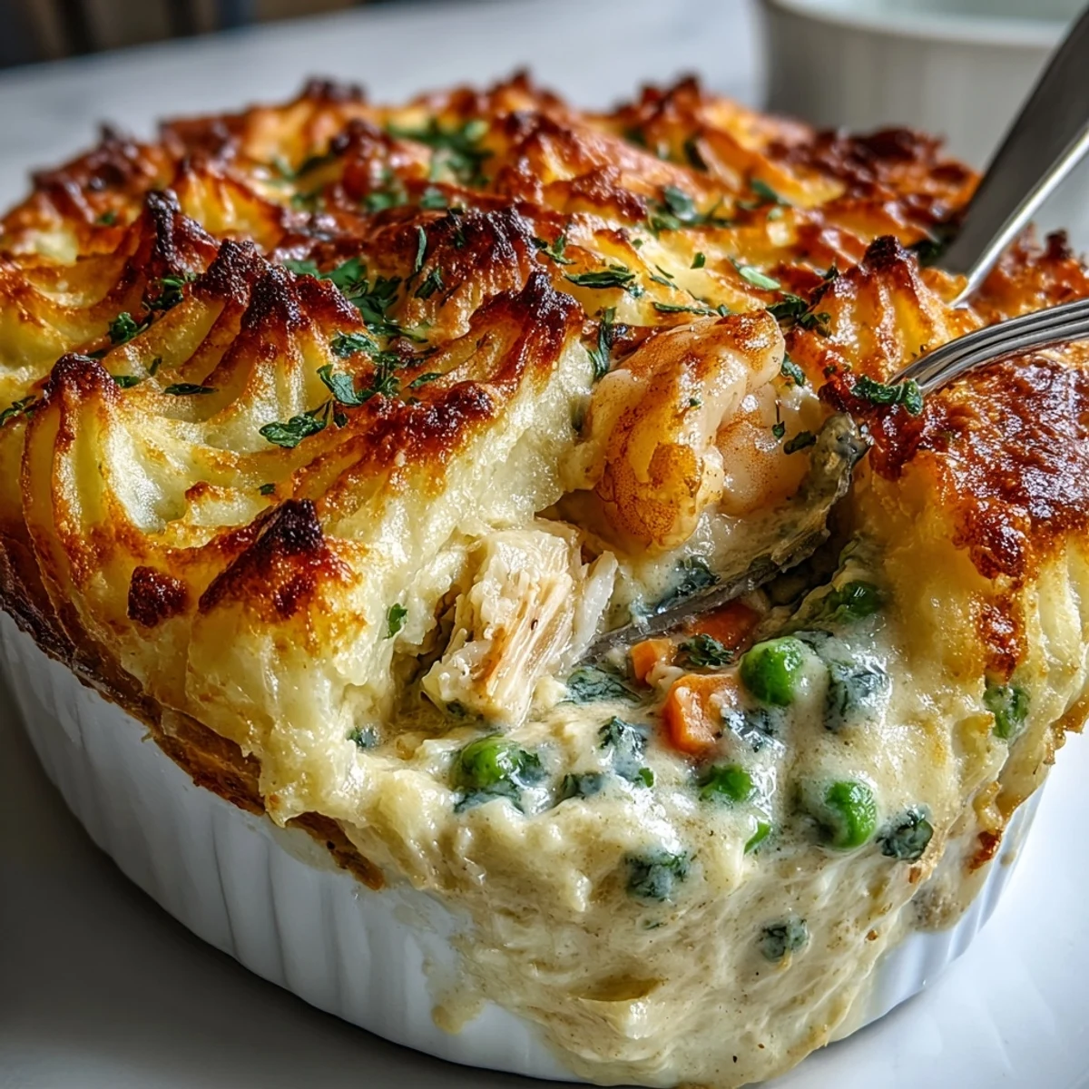 Steamy curried fish pie fresh from the oven, featuring a golden crust and a creamy, savory filling ready to serve.