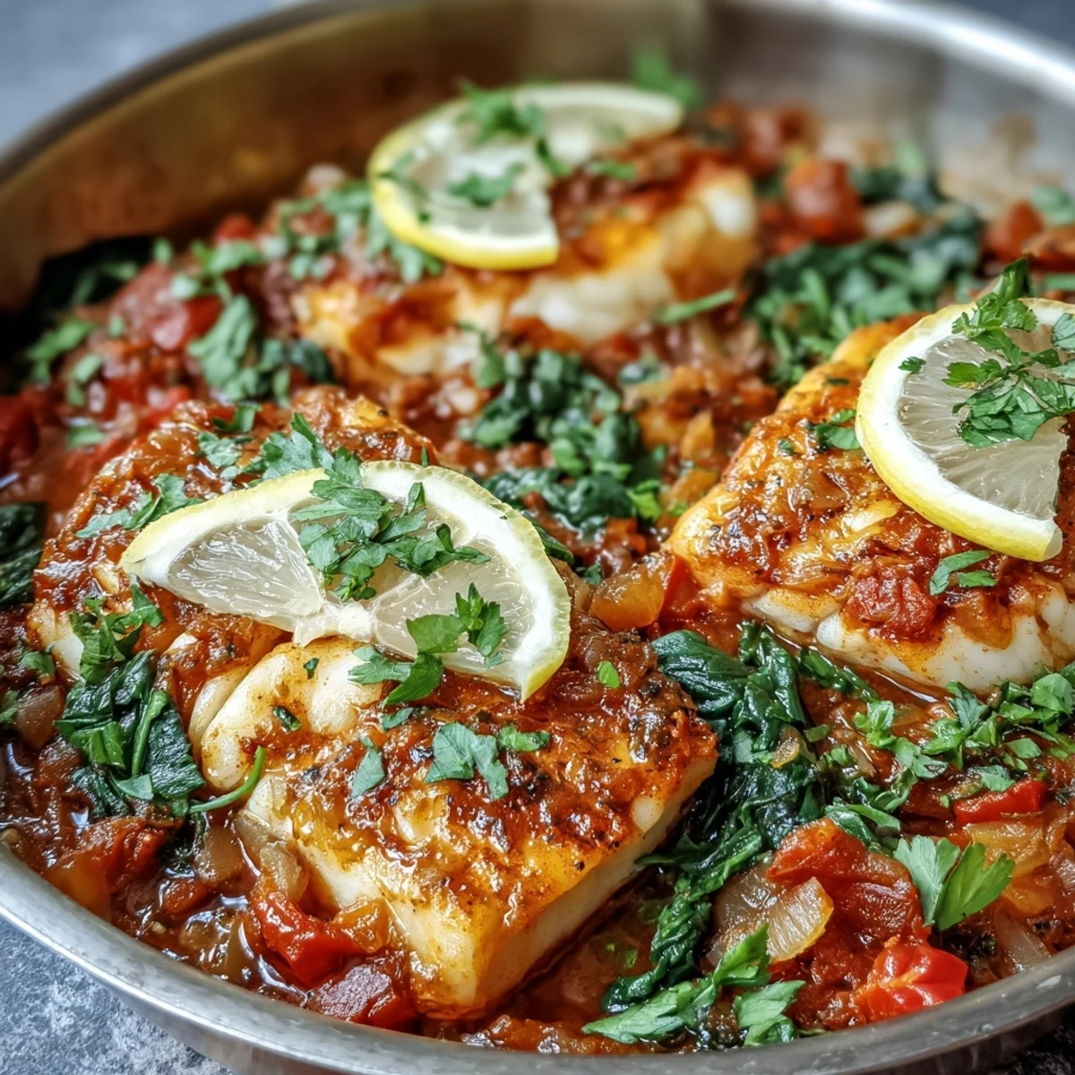 Spiced Cod One Pot recipe featuring tender cod fillets in a vibrant tomato and bell pepper sauce, garnished with fresh cilantro and lemon wedges.