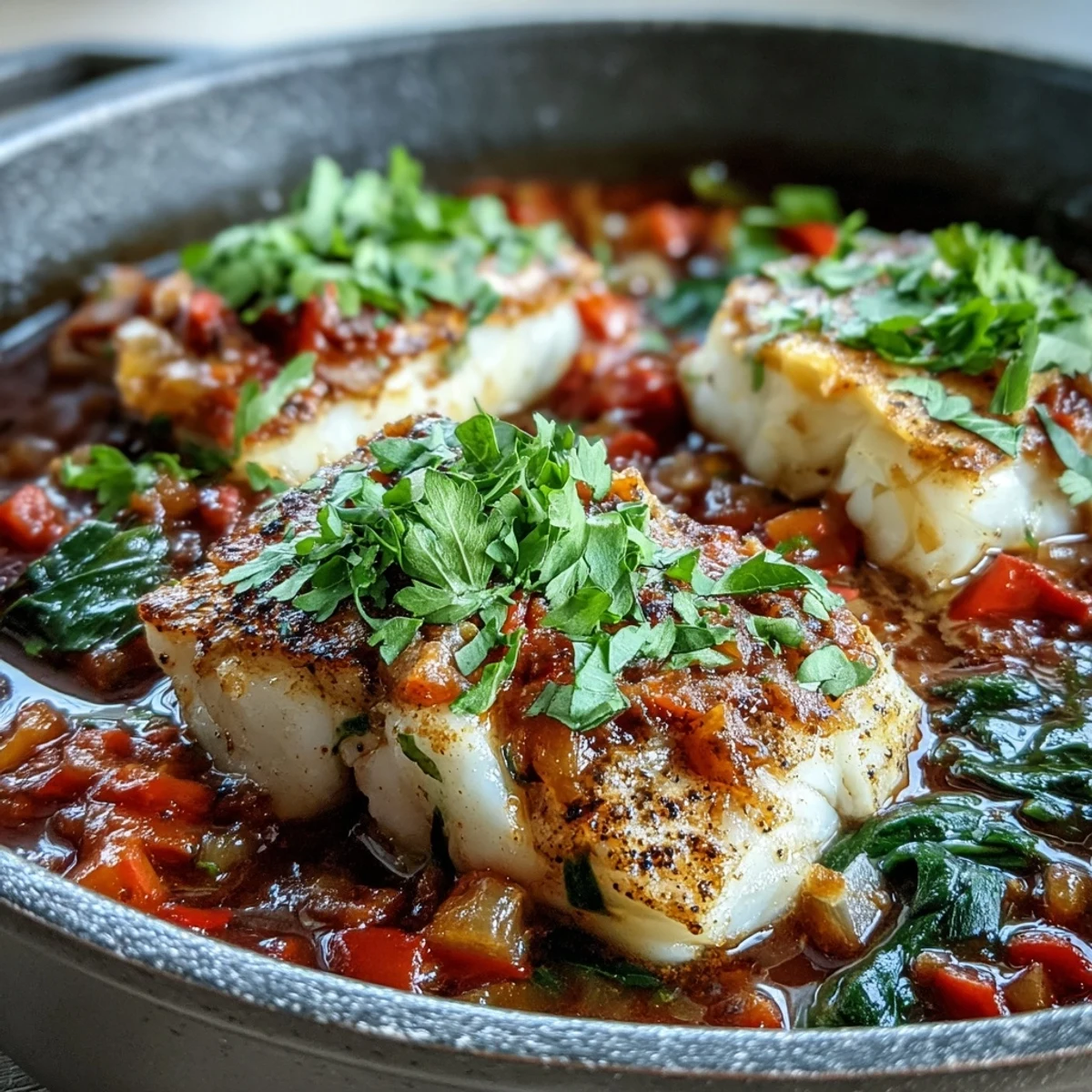 A close-up of Spiced Cod One Pot, showing flaky fish nestled in a steaming stew with wilted spinach and aromatic spices.