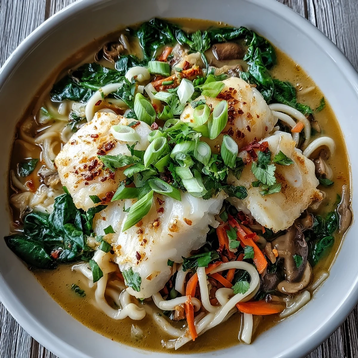 Steaming bowl of Poached Cod With Spiced Coconut Broth and Udon Noodles, featuring vibrant carrots and shiitakes.