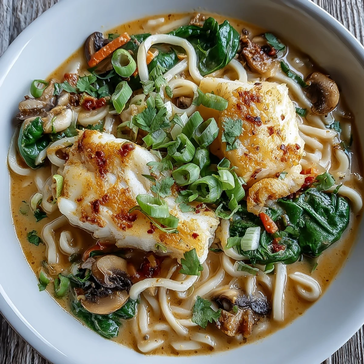 Silky udon noodles topped with tender poached cod in a fragrant spiced coconut broth and fresh herbs.
