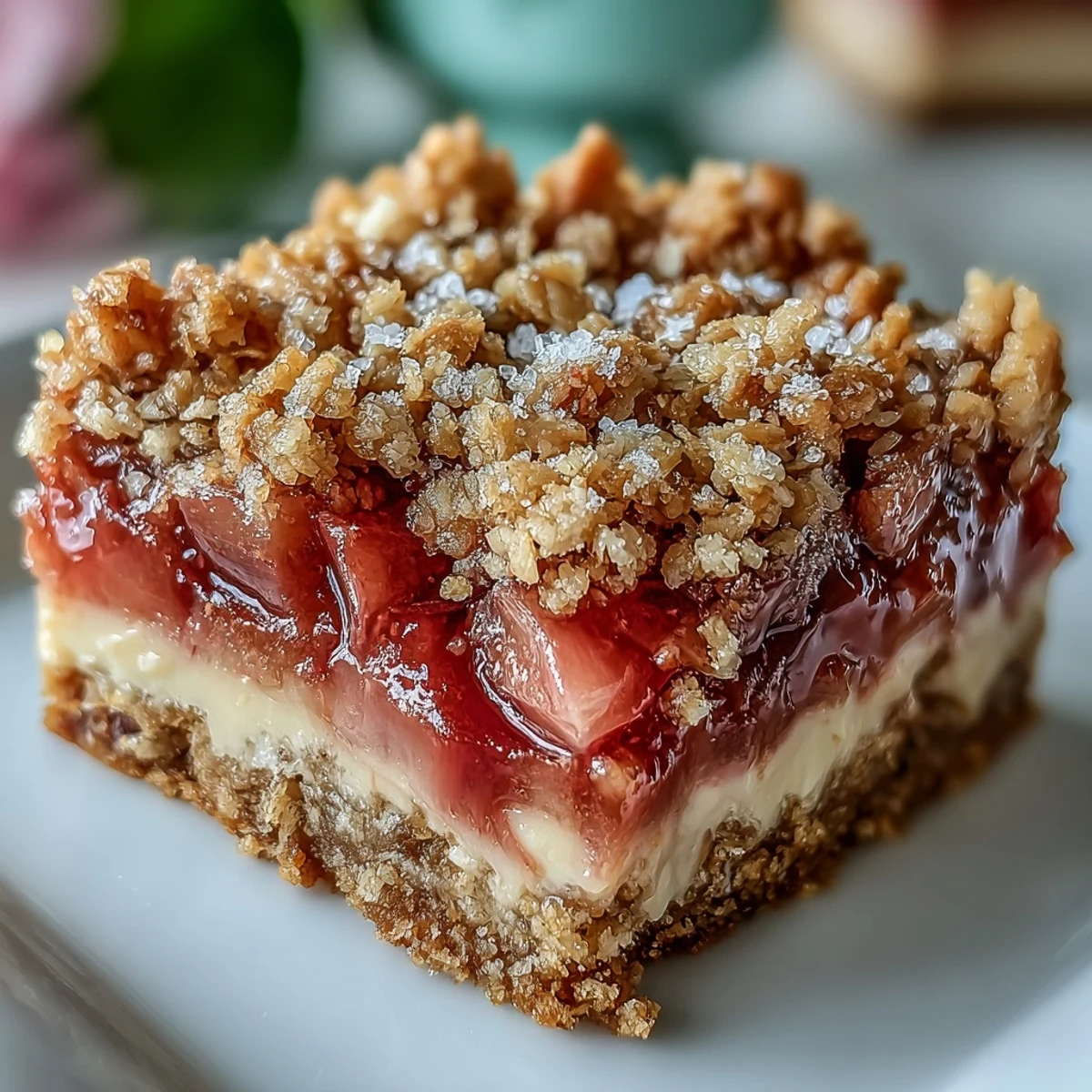 Freshly baked Rhubarb and Custard Crumble Bars reveal tangy pink rhubarb and creamy vanilla custard layers on a rustic wooden board.