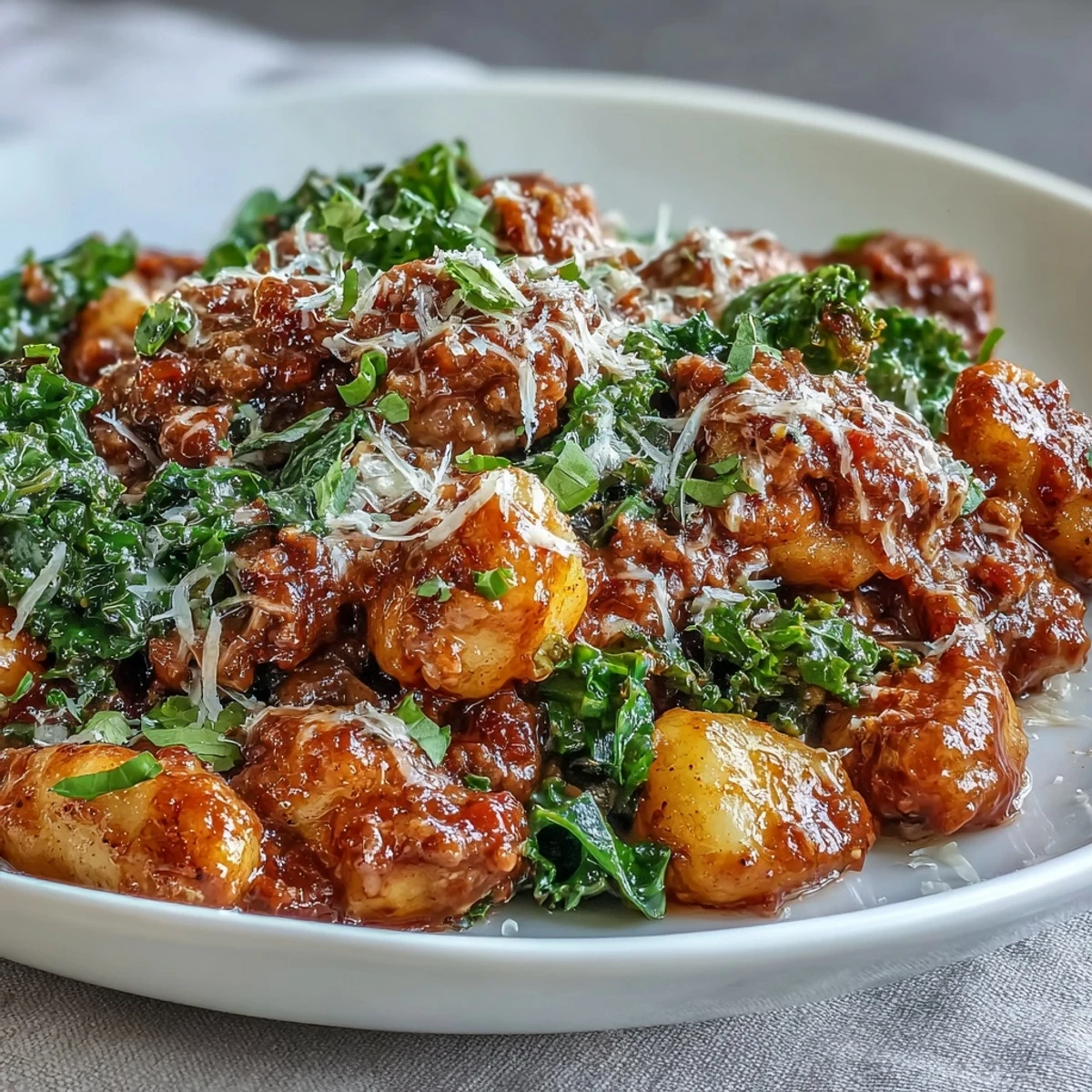 Sausage Gnocchi with Kale served in a rustic bowl, saucy gnocchi tossed with spicy Italian sausage and wilted greens.