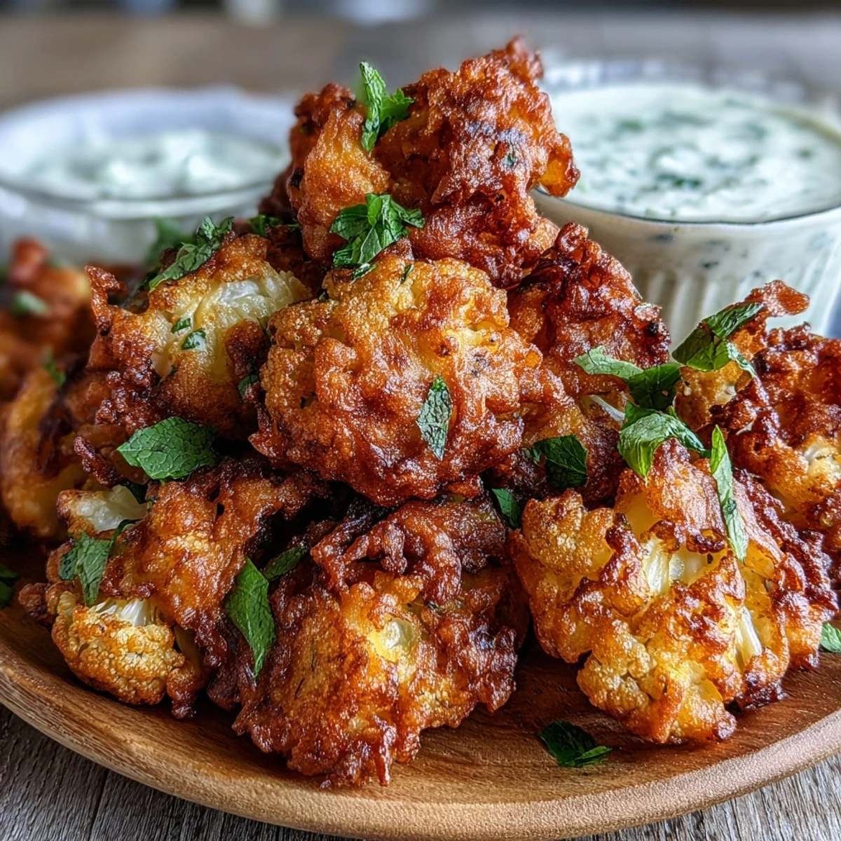 Golden-brown cauliflower bhajis piled high on a plate, their crispy edges glistening, served alongside a minty yogurt dip.