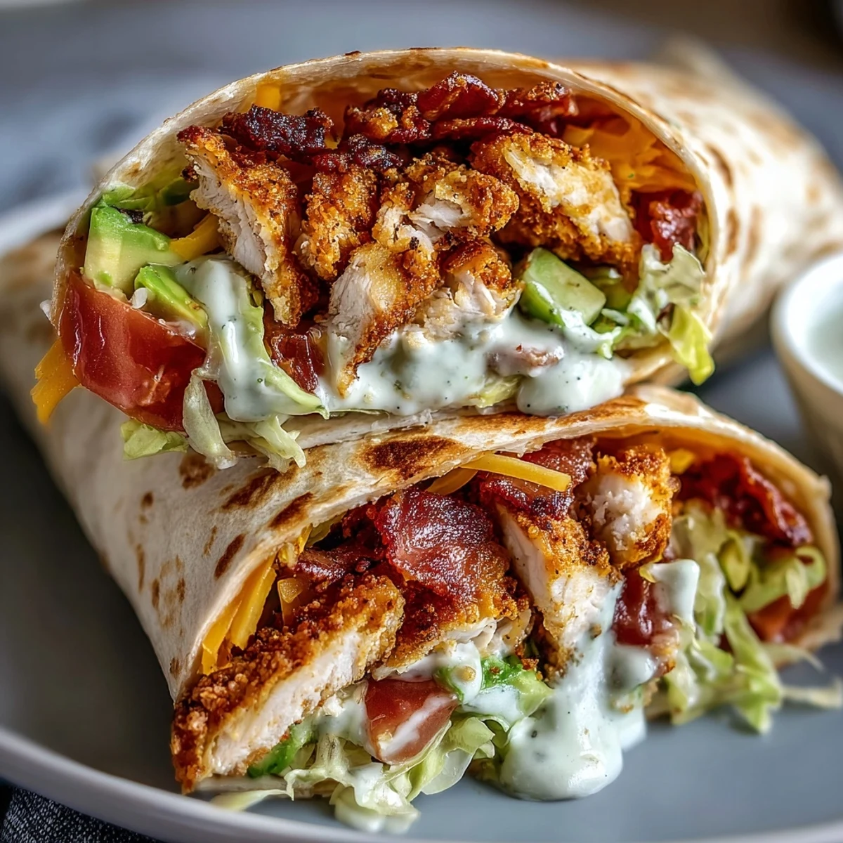 Golden-brown Crispy Chicken Bacon Wrap sliced in half, revealing creamy avocado, melted cheddar, and fresh lettuce on a plate.