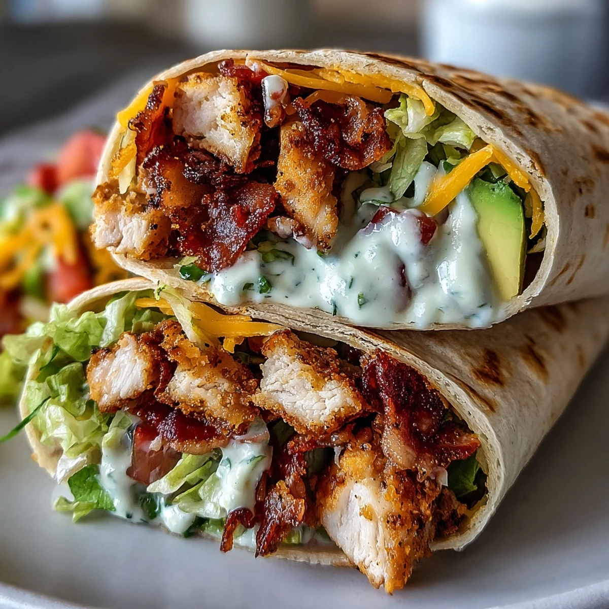 Close-up of a Crispy Chicken Bacon Wrap on a wooden board, showcasing seared chicken, crispy bacon strips, and diced tomatoes.