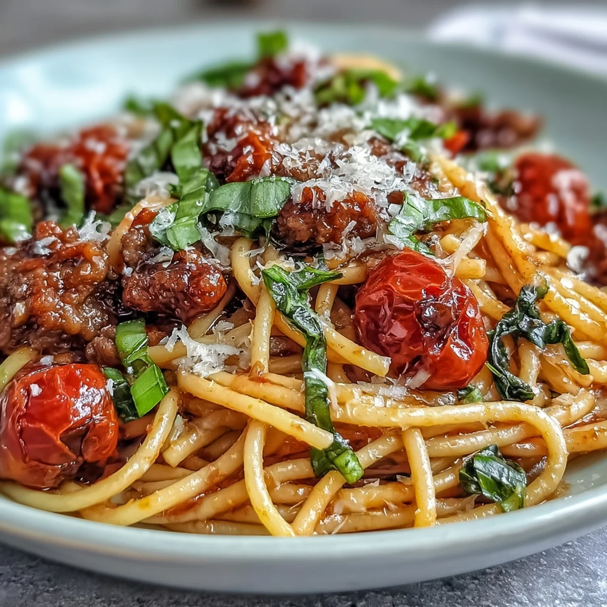 Fork-tender spaghetti is coated in a bold Chianti tomato sauce with spicy sausage and sweet cherry tomatoes in this Italian Drunken Noodles dish.