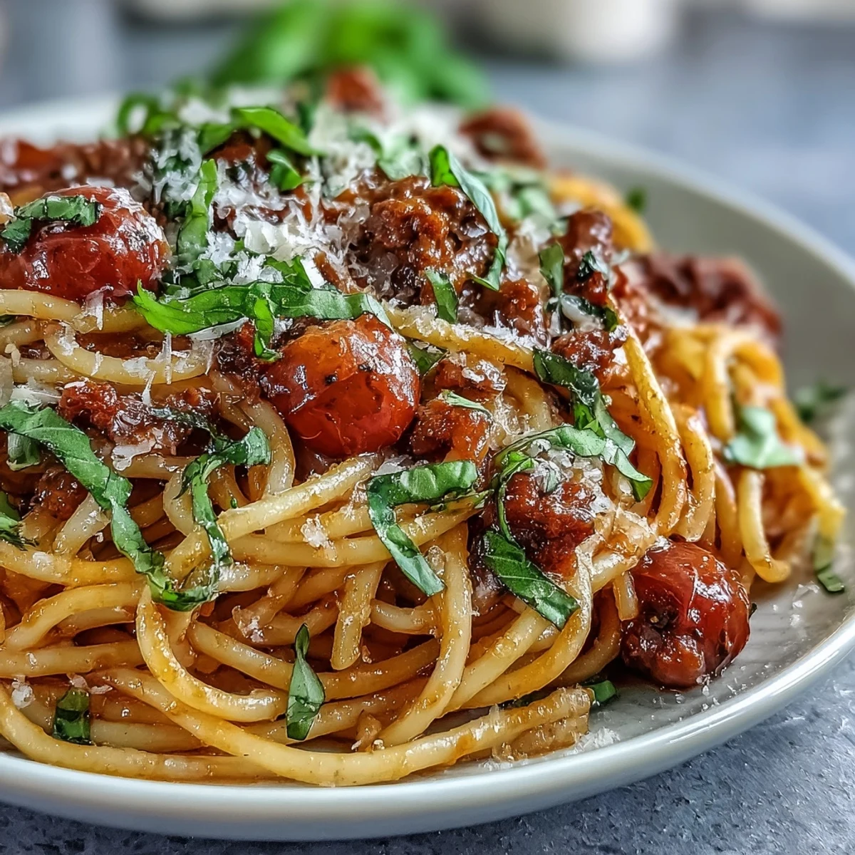 A close-up of Italian Drunken Noodles with plump shrimp, fresh torn basil, and shaved Parmesan served in a rustic white bowl.