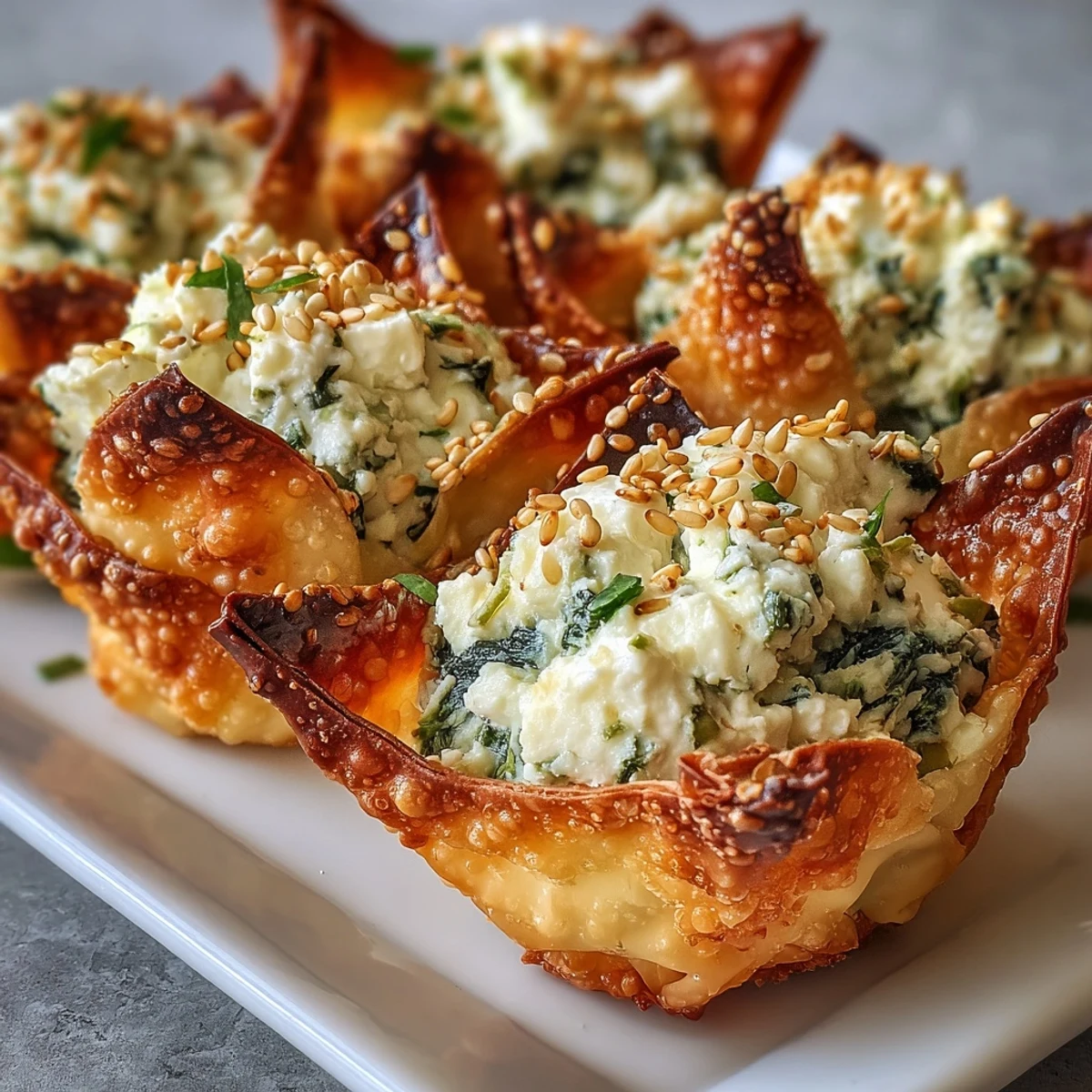 Golden-baked Mediterranean Spinach and Feta Cheese Crisps resting on a white plate with fresh parsley garnish.