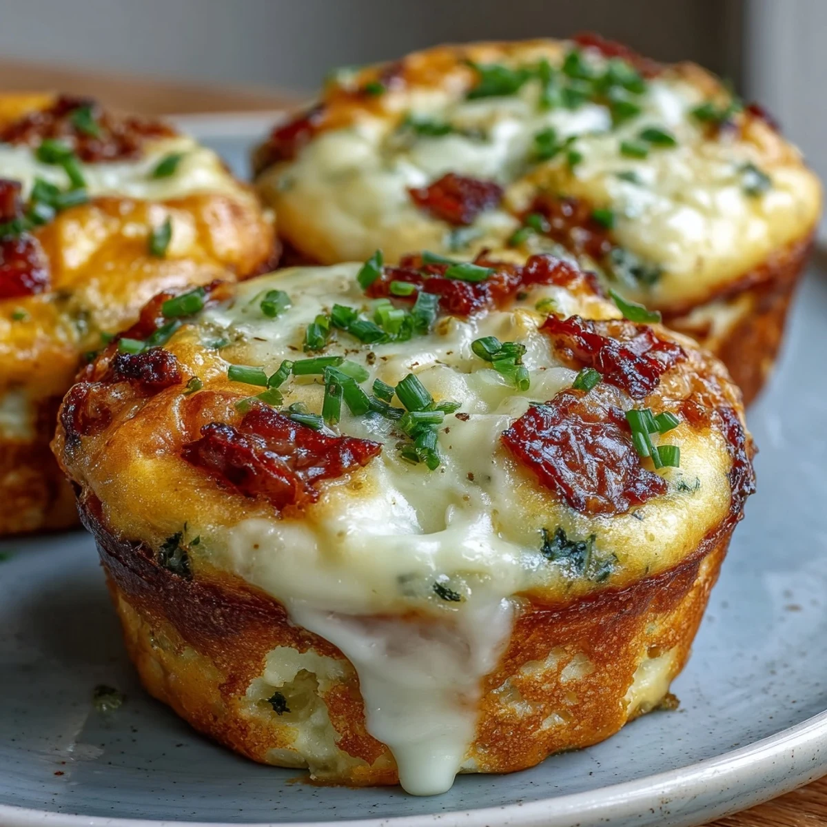 Golden-brown Breakfast Egg Muffins with melted cheddar and bell peppers on a rustic platter.