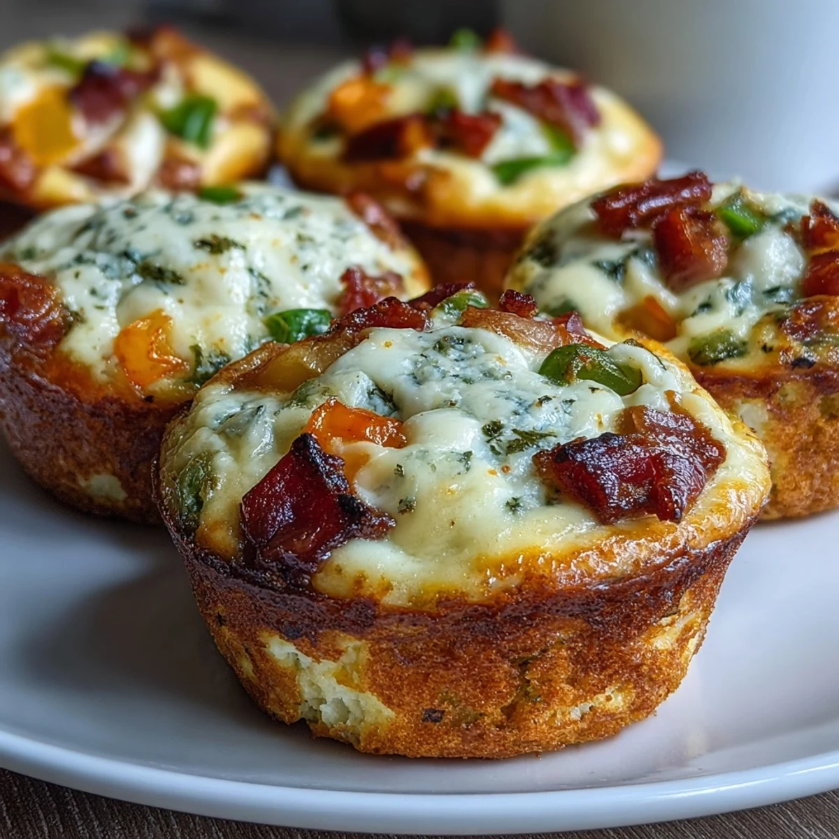 Freshly baked Breakfast Egg Muffins filled with crumbled bacon and onions, ideal for meal prep.