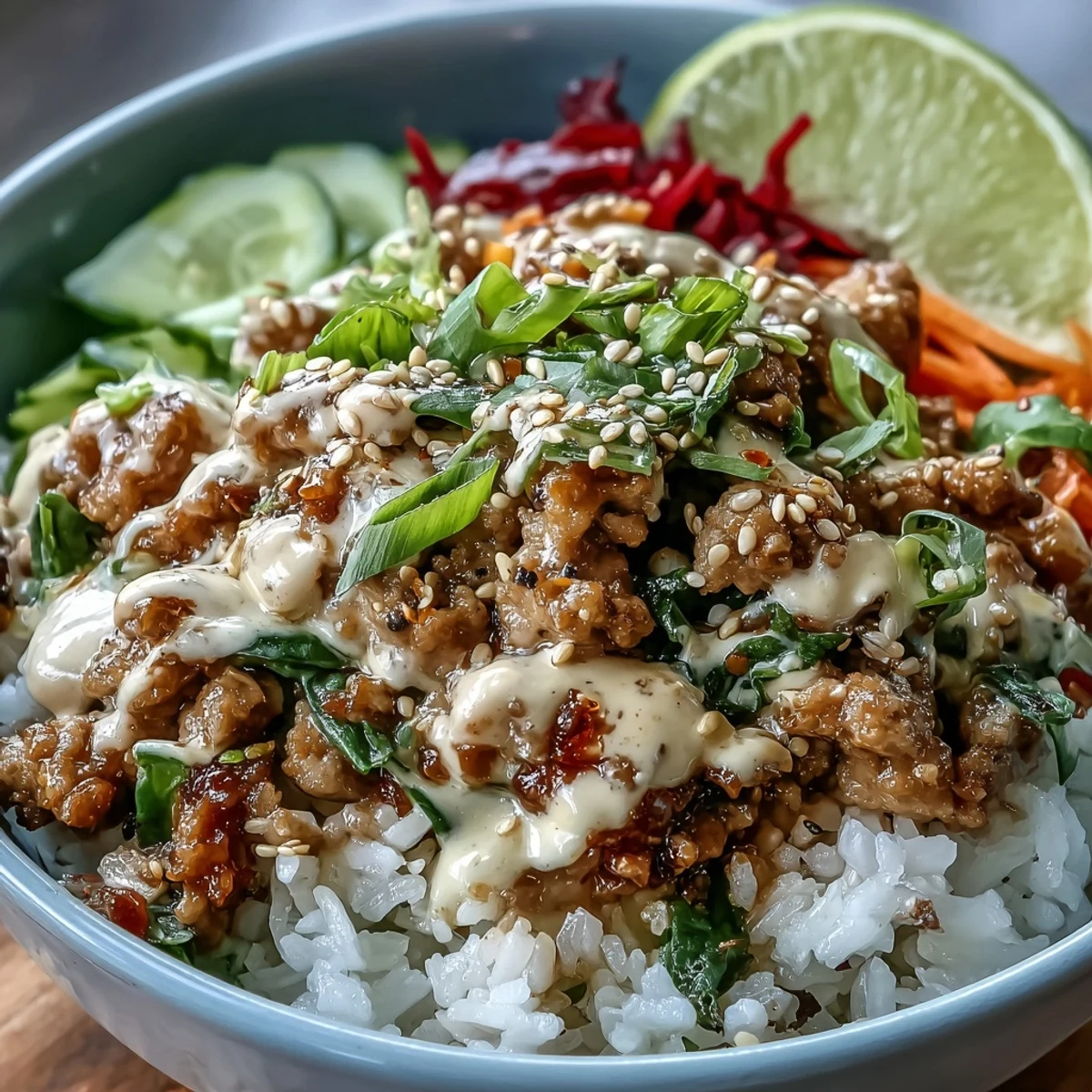 A close-up of Bang Bang Ground Turkey Rice Bowls shows lime wedges, sesame seeds, and colorful carrots, cucumber, and cabbage toppings.