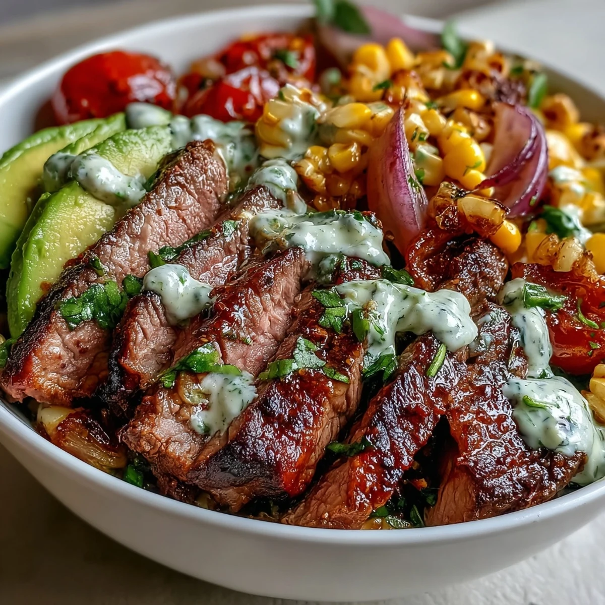 Charred corn, tender steak, and creamy avocado topped with cilantro cream sauce in a Tex-Mex bowl.