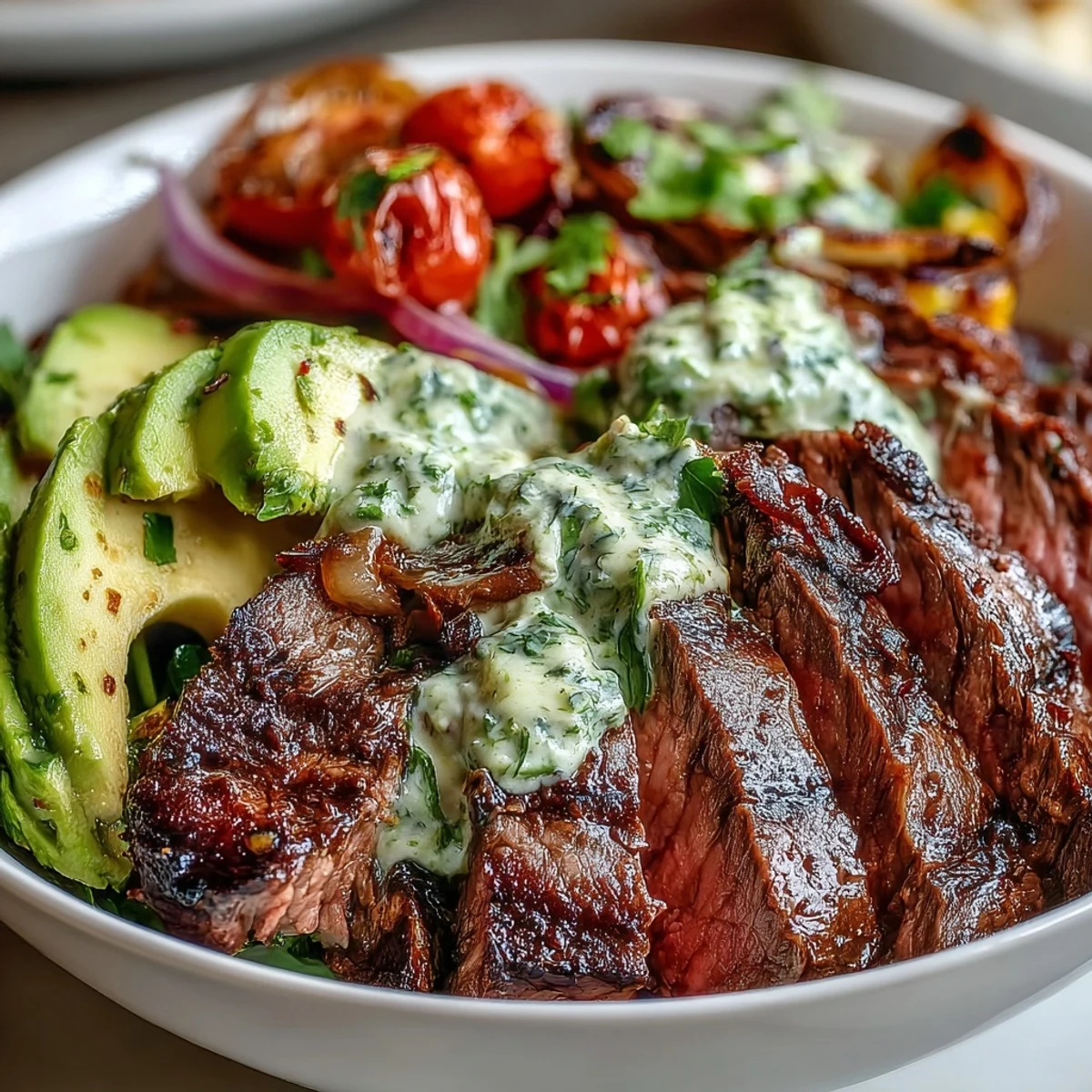 Sliced flank steak, roasted corn, and avocado over quinoa with lime wedges and a drizzle of cilantro sauce.